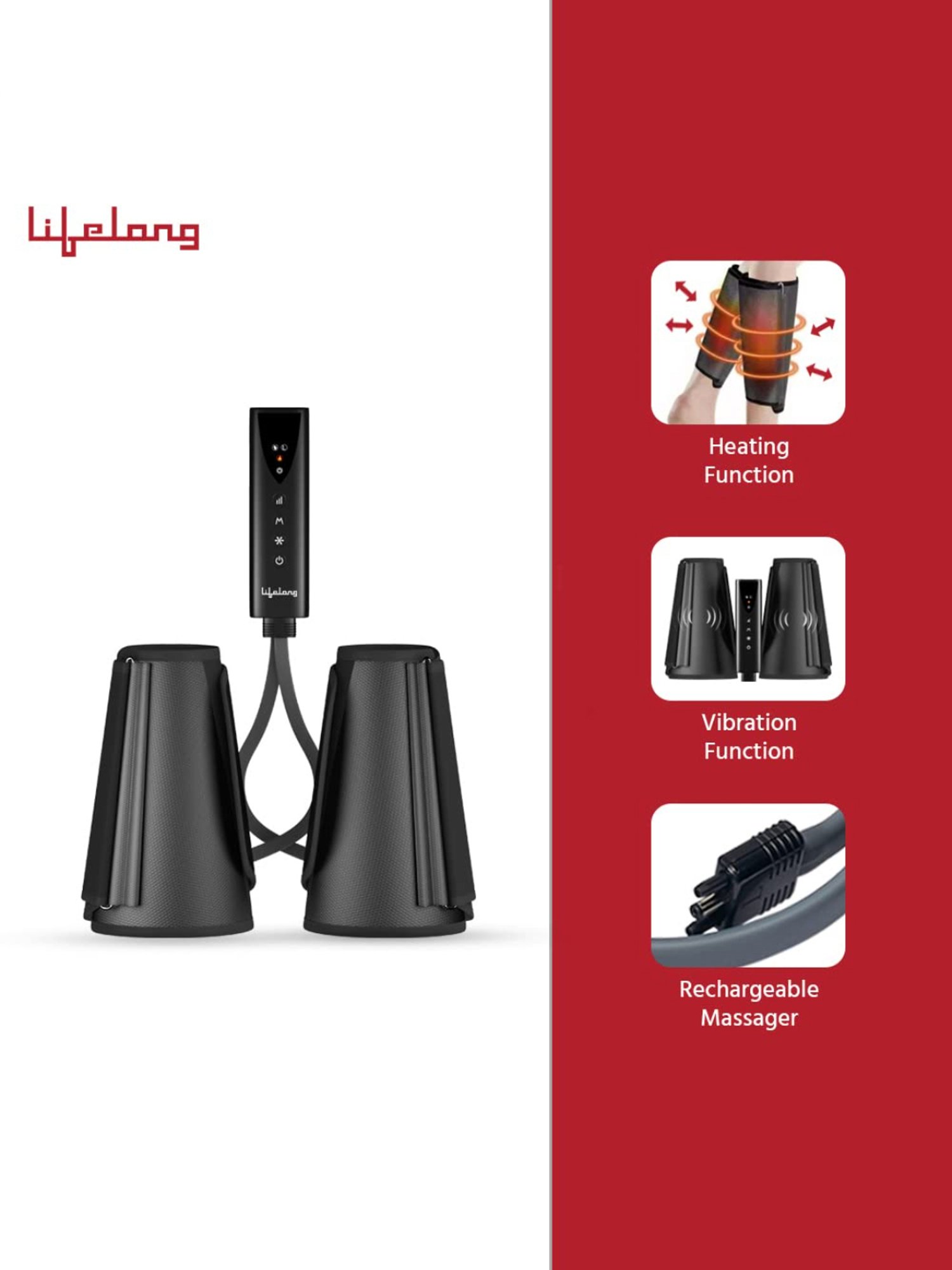 Lifelong LLM504 Rechargeable Air Pressure Massager for Calves with Heat and Vibration (Black)