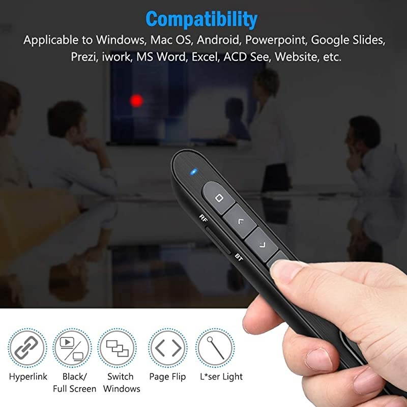 for Bluetooth Presentation Remote Powerpint Clicker USB Rechargeable RF 24 GHz Dual Modes Wireless Presenter Presentation Pointer Slide Advancer for MacKeynotePCPPT