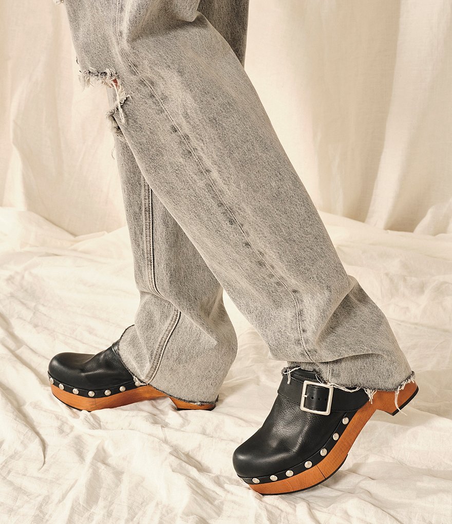 Free People Culver City Leather Studded Buckled Strap Clogs