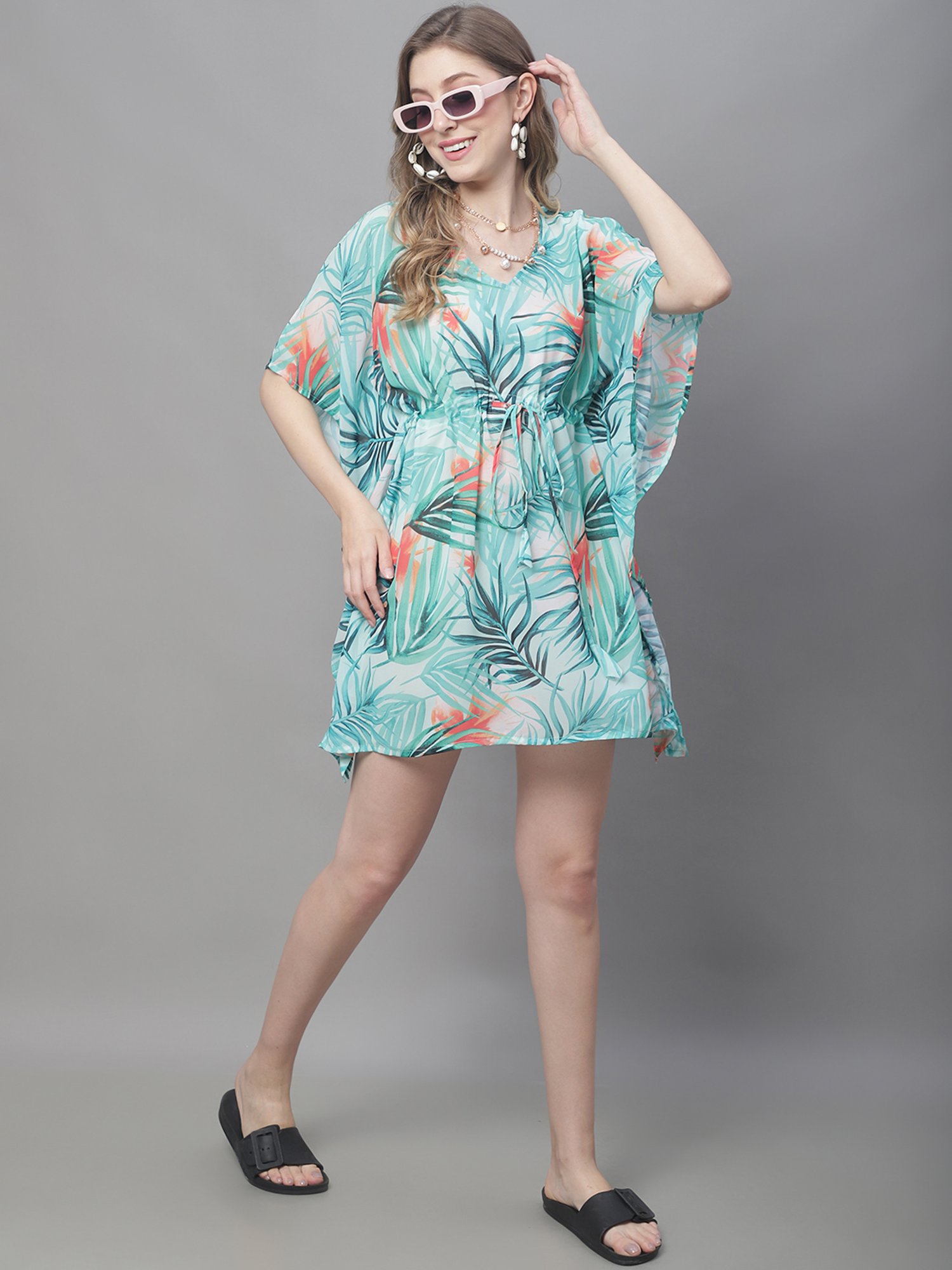 Claura Green Printed Beachwear Kaftan