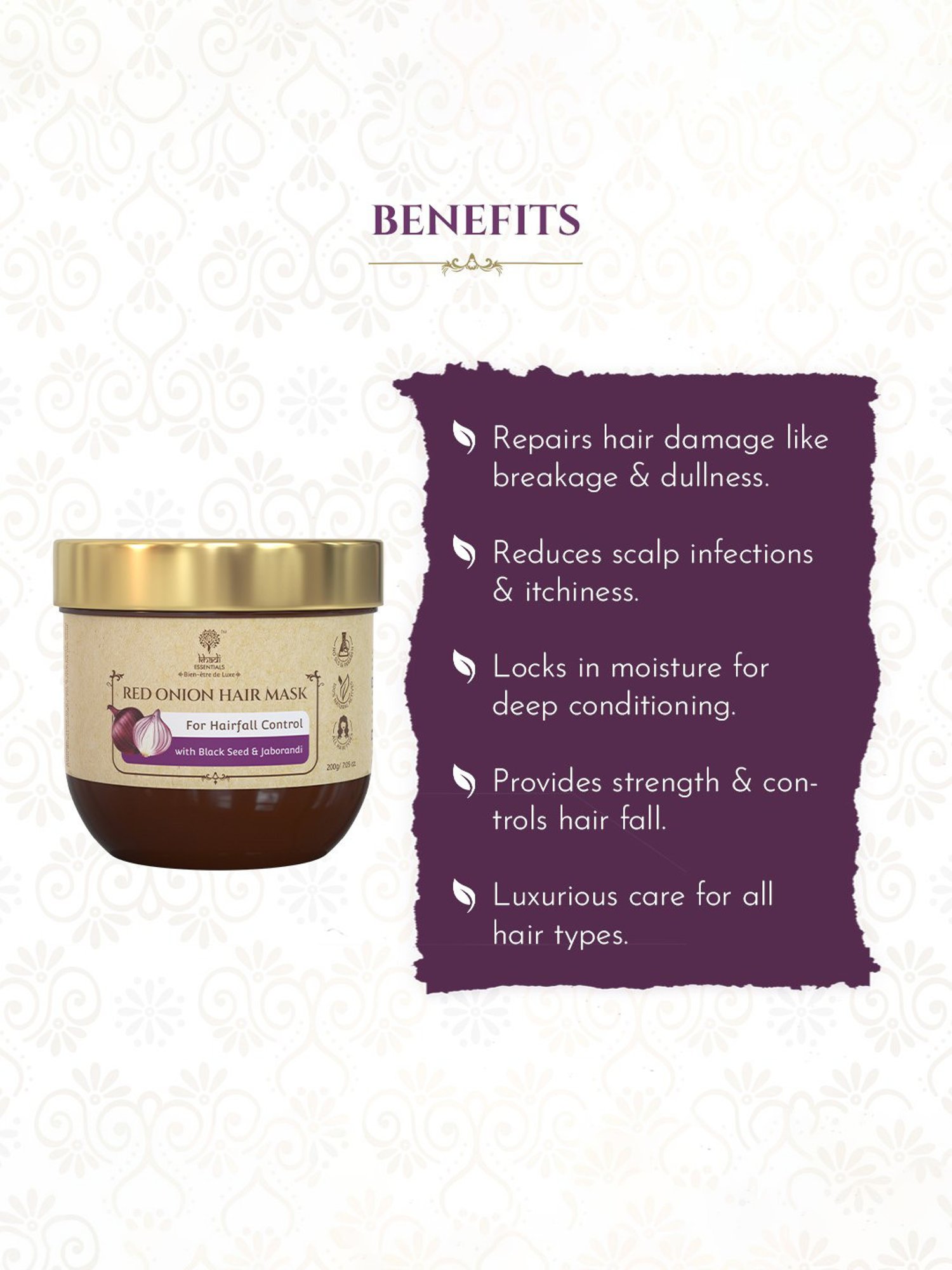 Khadi Essentials Red Onion Hair Mask with Black Seed Oil for Hairfall Control - 200 gm