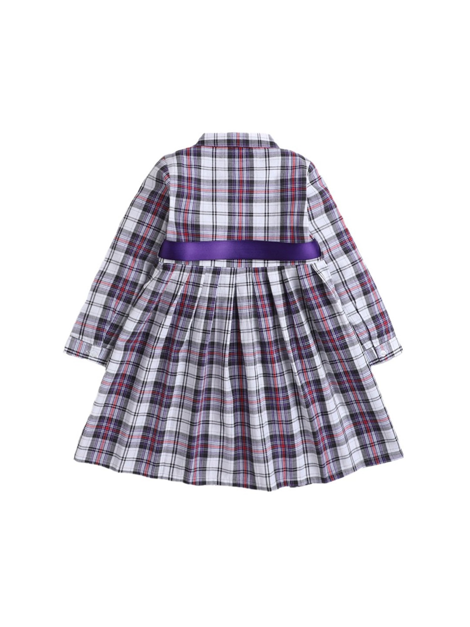 The Magic Wand Kids White & Purple Checks Dress with Belt
