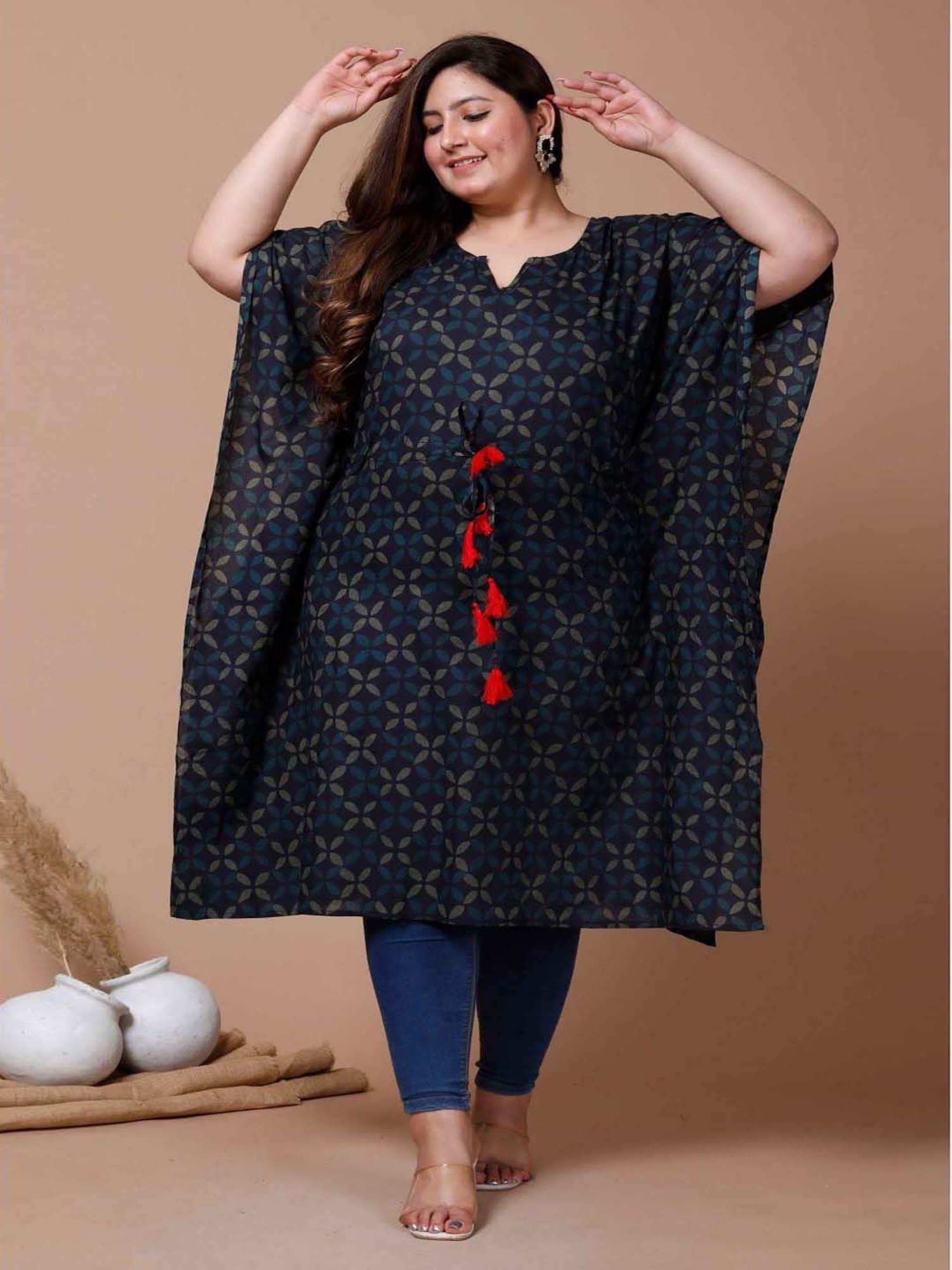 Miravan Blue Cotton Printed A Line Kaftan