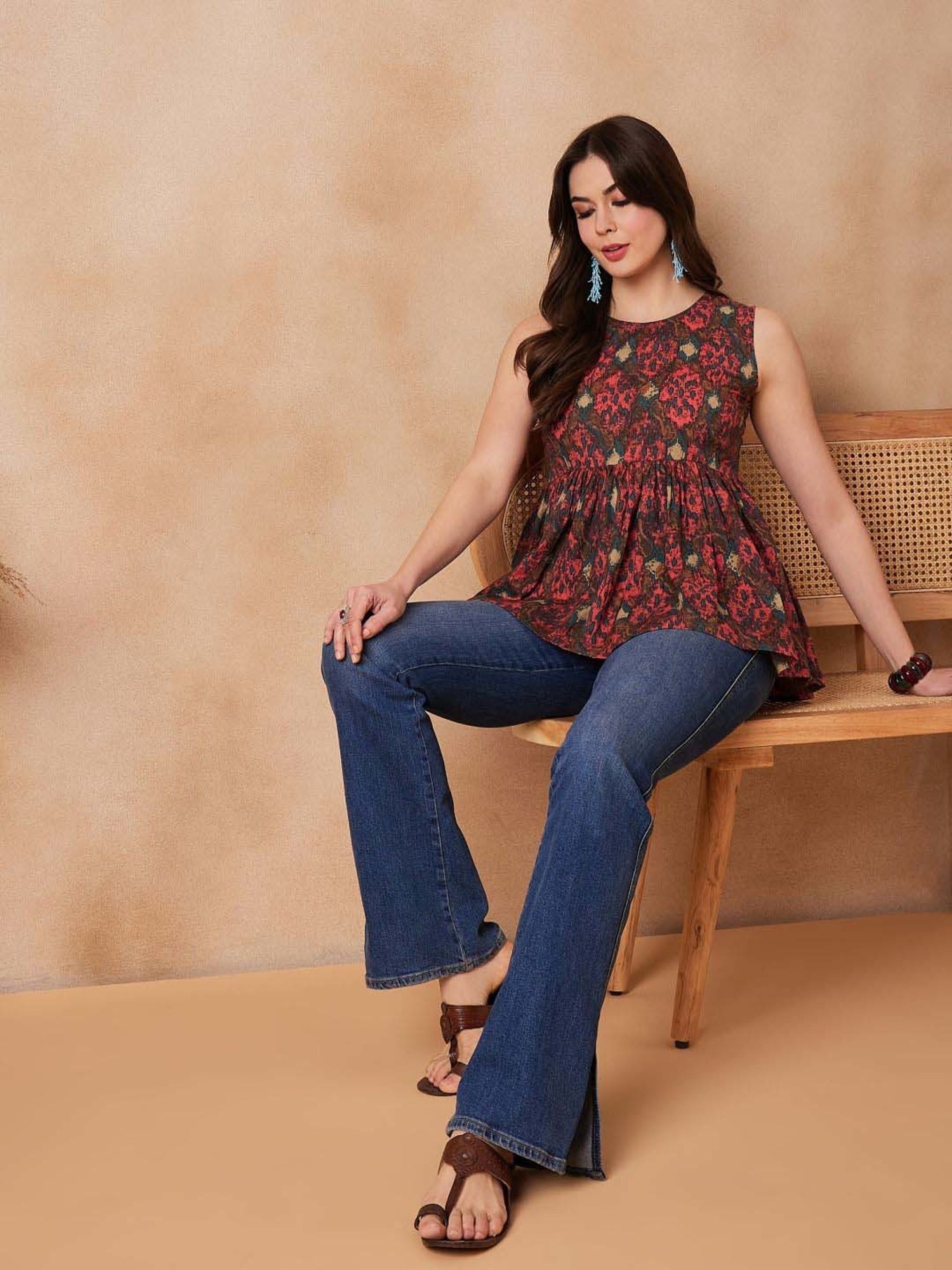 Inweave Coral & Brown Cotton Printed Top