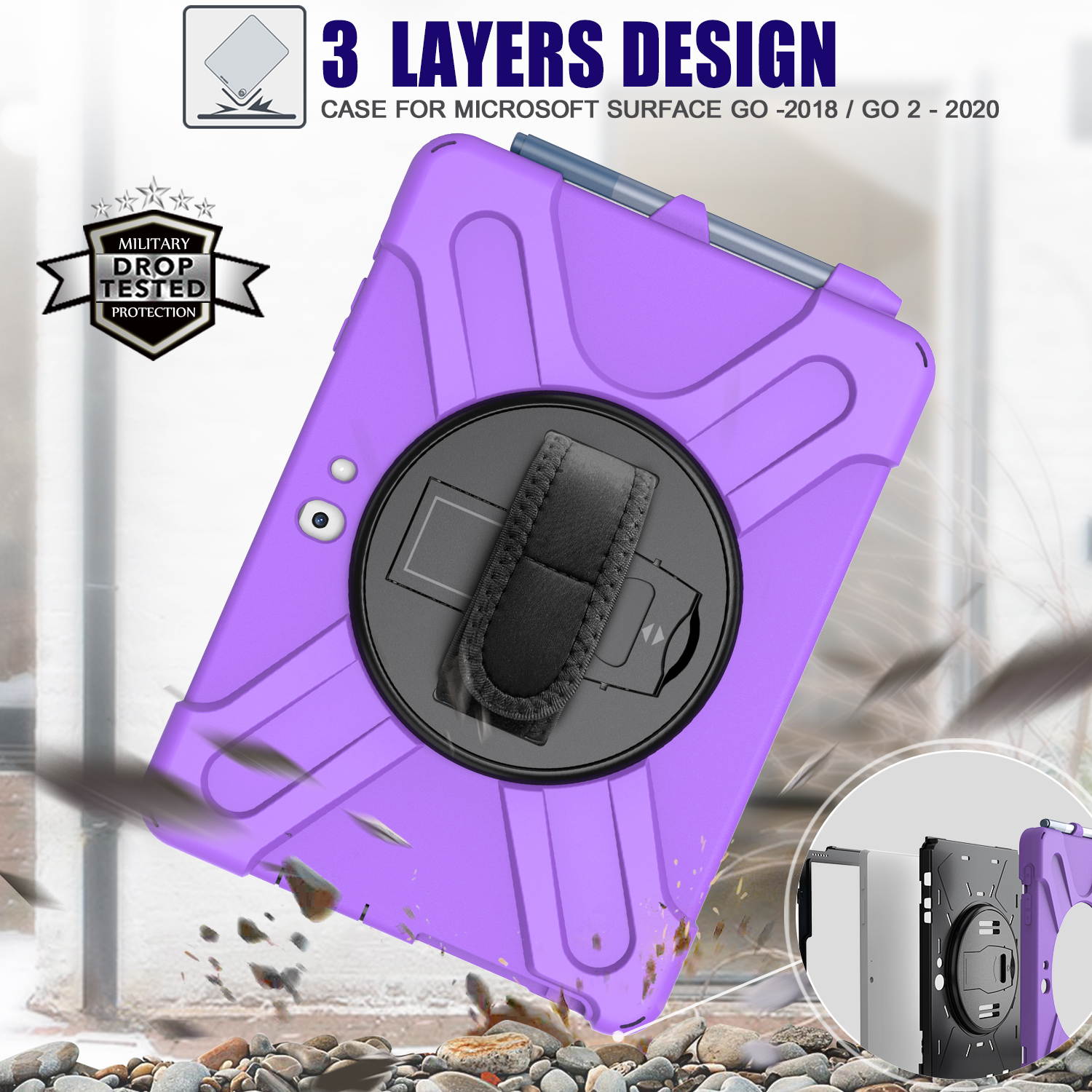 Case for Microsoft Surface Go 2 10.5 inch 2020 / Surface Go 10 inch 2018 with with Pen Holder, Hand Strap & Shoulder Strap Shockproof Protective Stand Cover