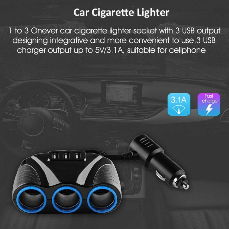 3 way Cigarette Lighter Socket Splitter Three USB Charger Power Adapter Car 12V