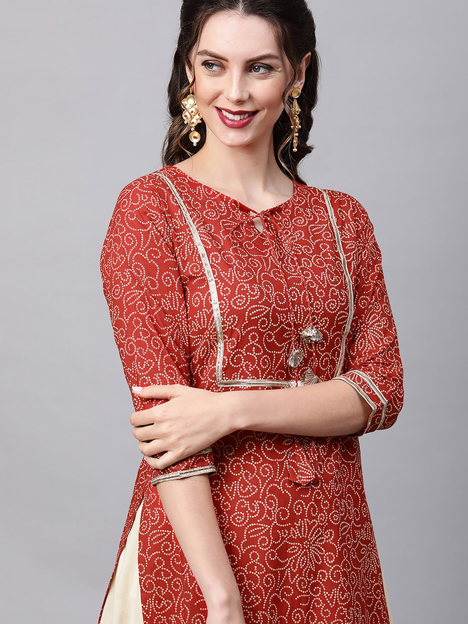 Indo Era Red & Cream Bandhani Kurta Skirt Set