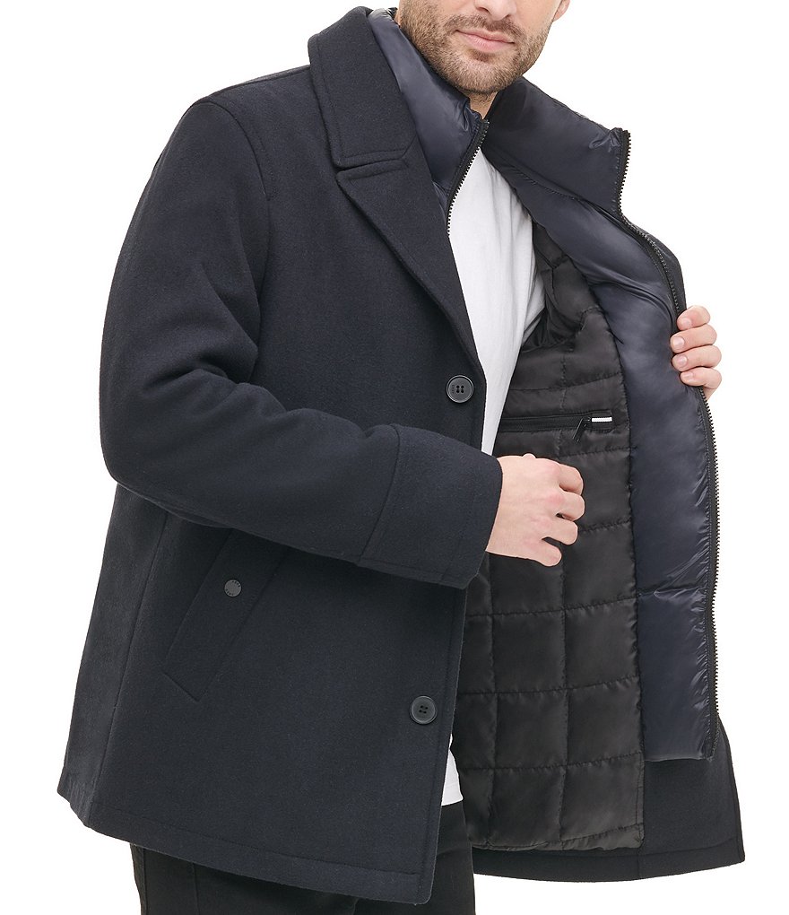 DKNY Long-Sleeve Nylon Quilted-Bib Wool-Blend Peacoat