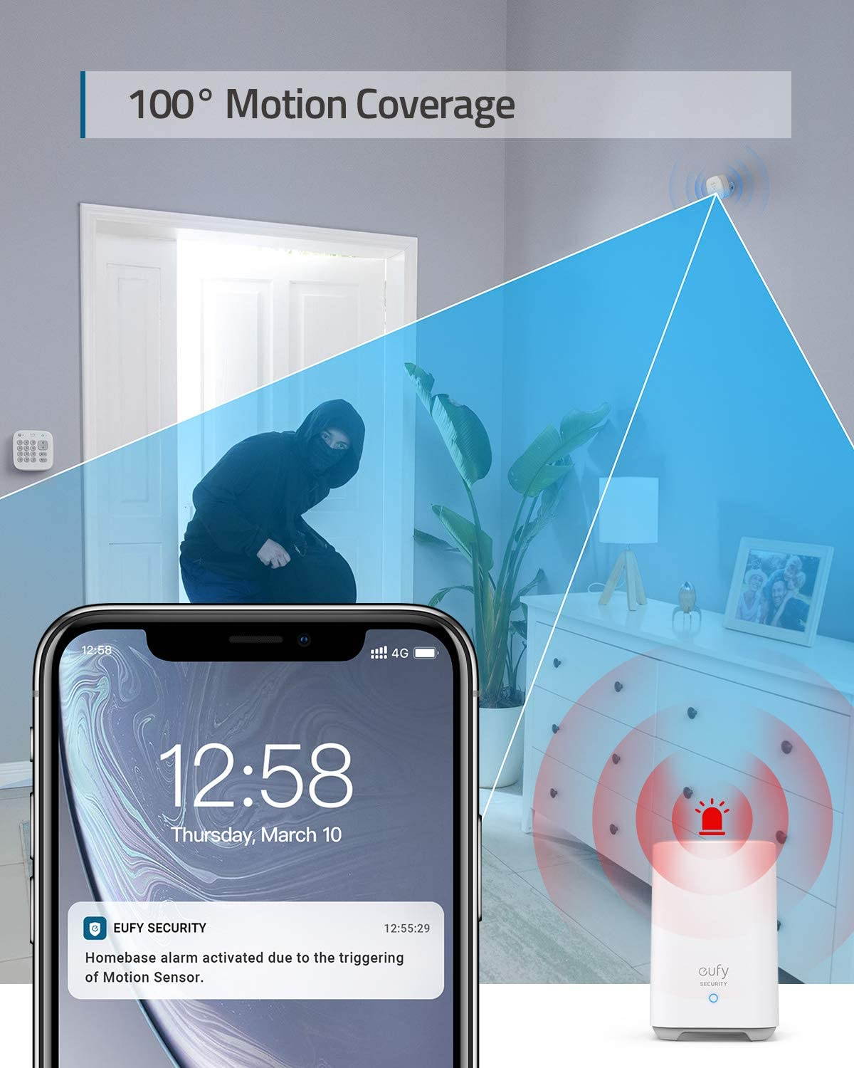 eufy Security 5-Piece Home Alarm Kit, Home Security System, Keypad, Motion Sensor, 2 Entry Sensors, Home Alarm System, Control from The App, Links with HomeBase-Connected Devices