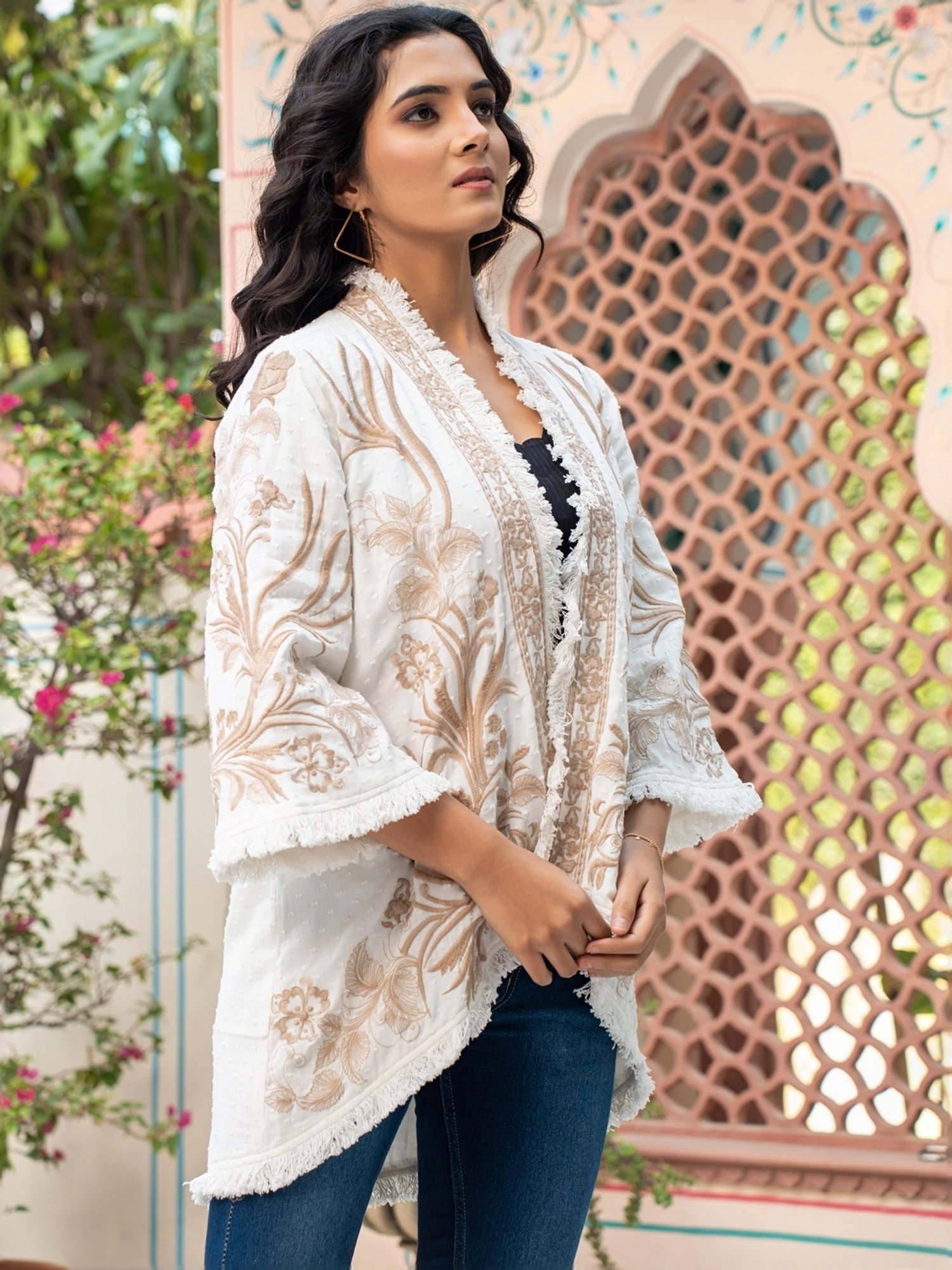 Zolo Label Off-White Cotton Embroidered Jacket