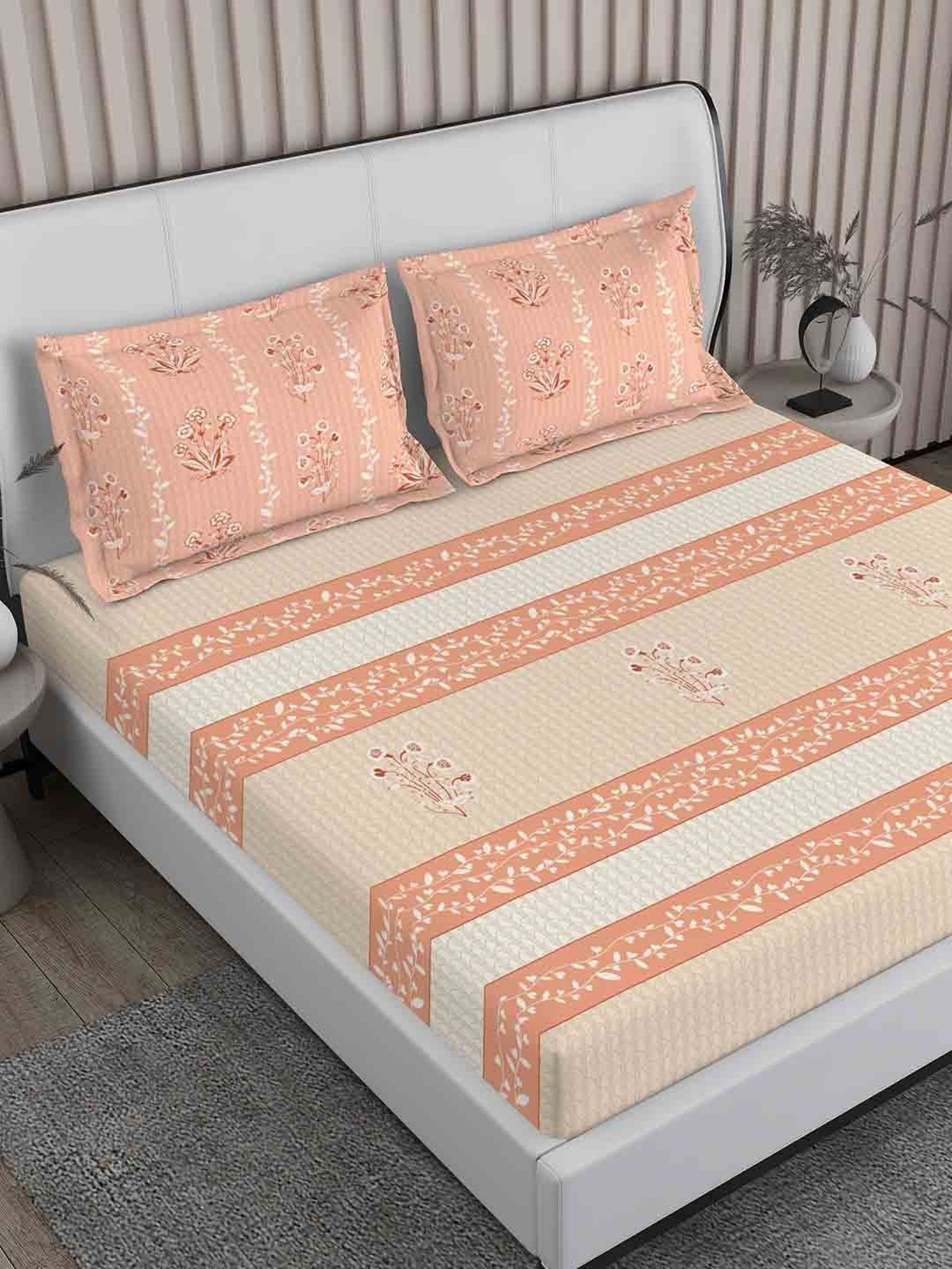 Boutique Living Magnifique  Floral Orange 200 TC Cotton King Bed Sheet with 2 Pillow Covers