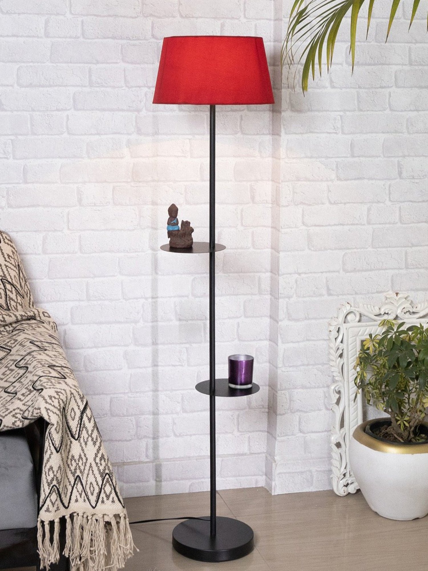Homesake 'Duo Shelf' Red & Black Metal Tall Floor Lamp With Shade & Bulb - Set of 1