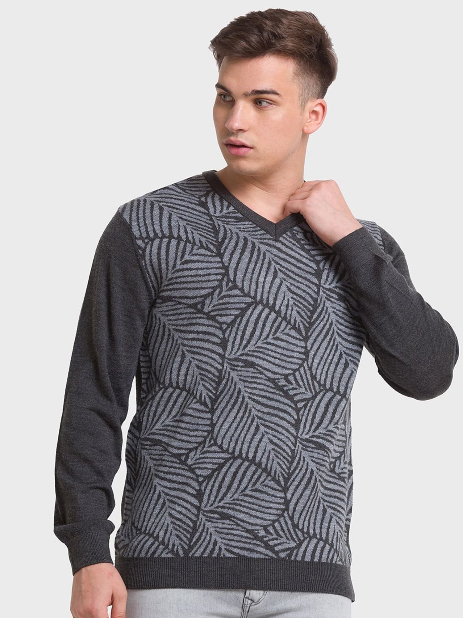 ColorPlus Grey Tailored Fit Printed Sweaters