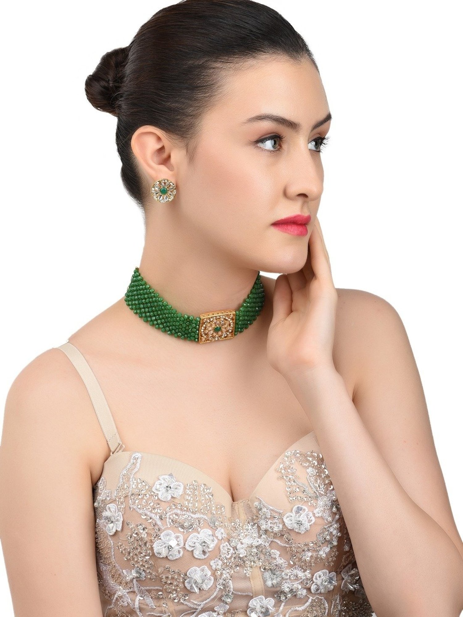 Zaveri Pearls Green Crystal Beads & Kundan Necklace & Earring Set
