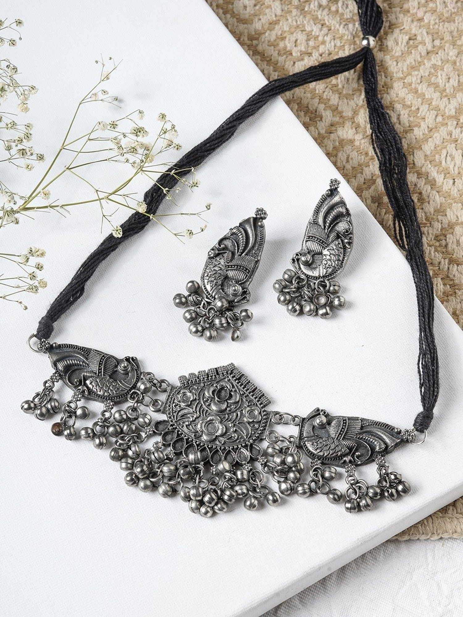 Teejh Ethnic Aarthi Silver Oxidized Necklace Set for Women