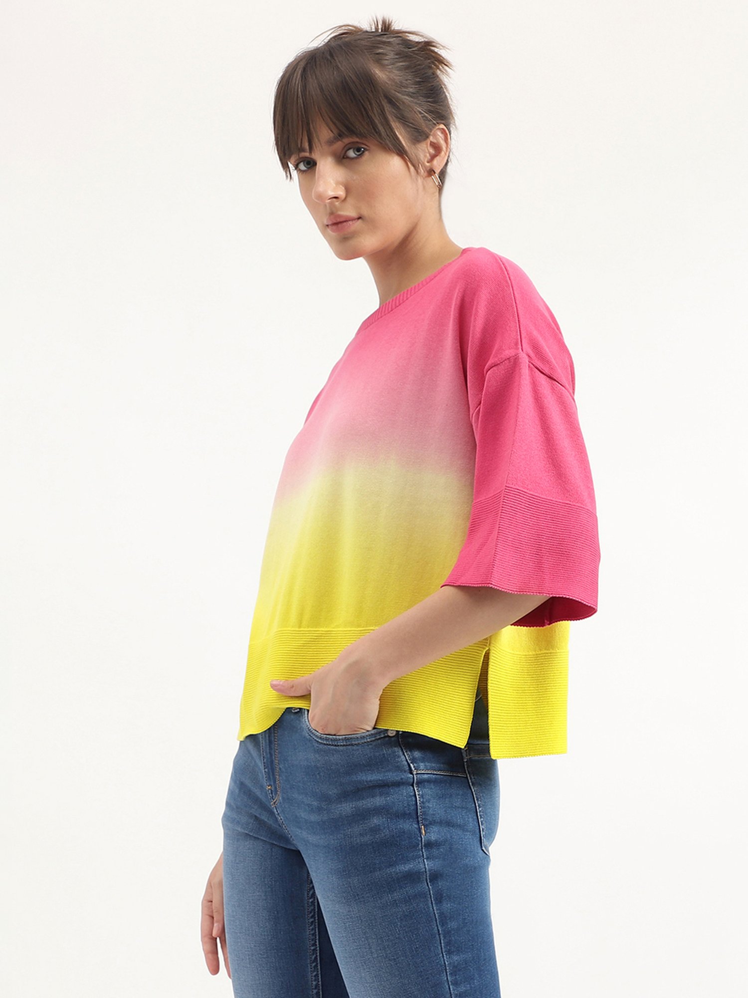 United Colors of Benetton Yellow & Pink Cotton Tie-Dye Top