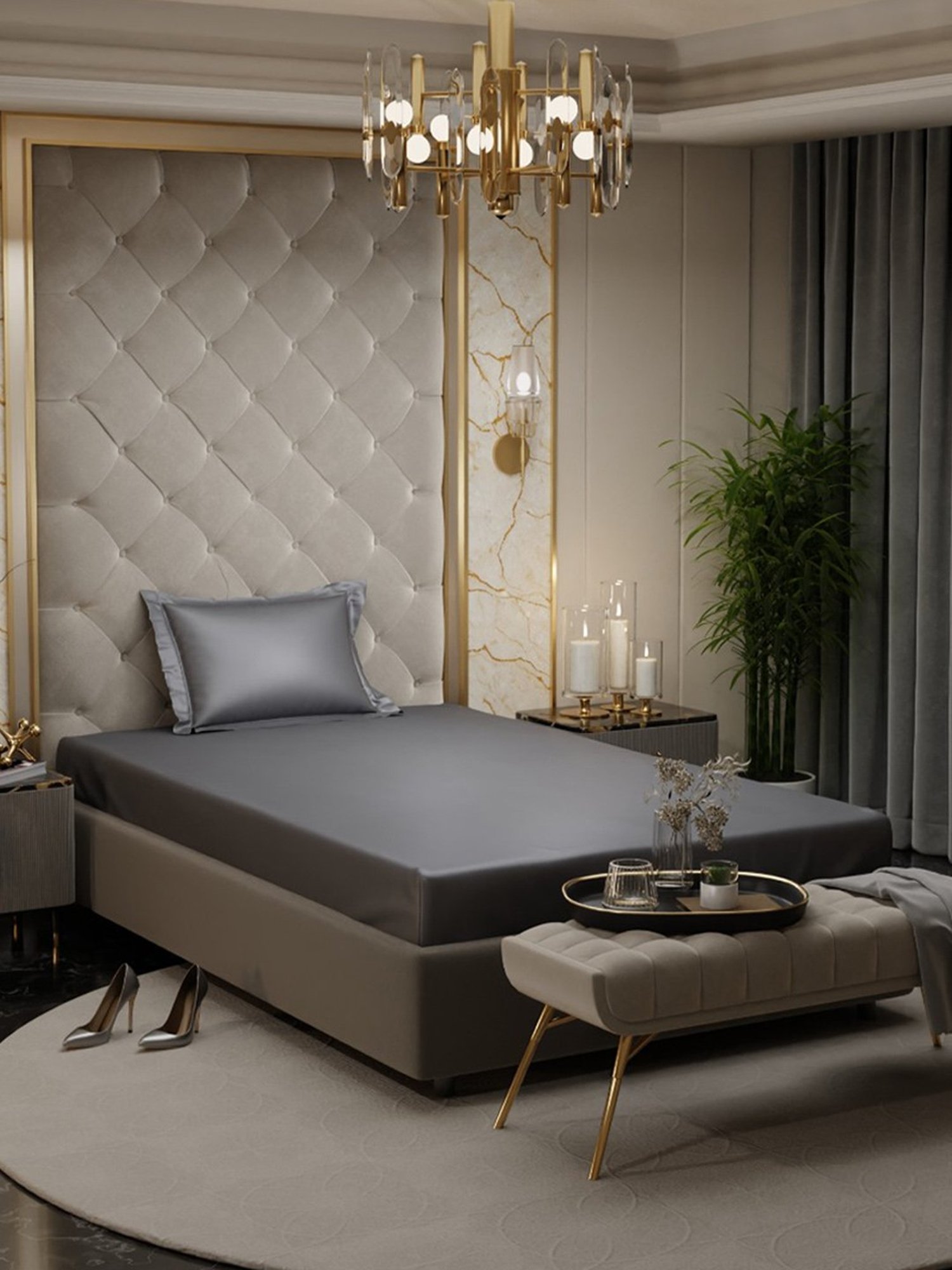 Stoa Paris Charcoal Grey 300 TC Polyester Double Fitted Sheet with 2 Pillow Covers