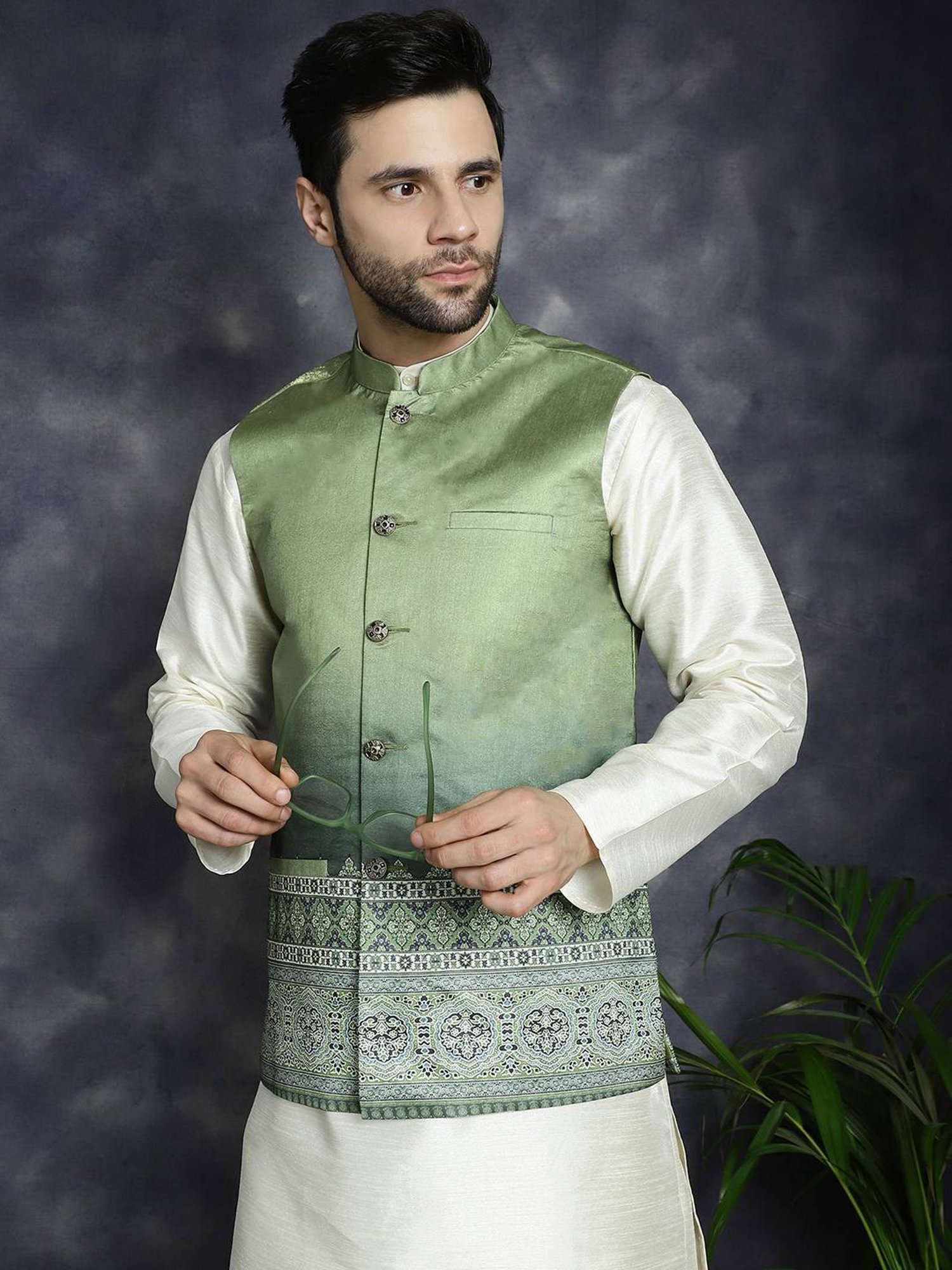 Jompers Green Regular Fit Printed Nehru Jacket