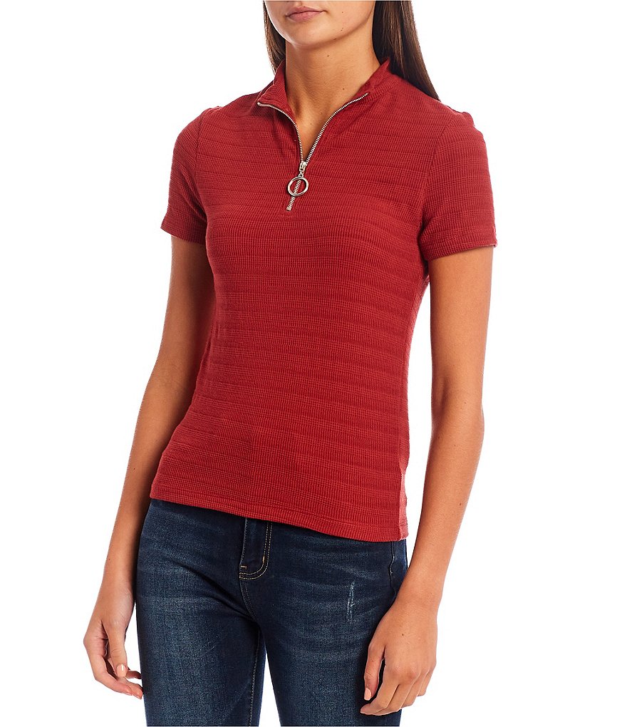 Good Luck Gem Short-Sleeve Mockneck Half-Zip Top