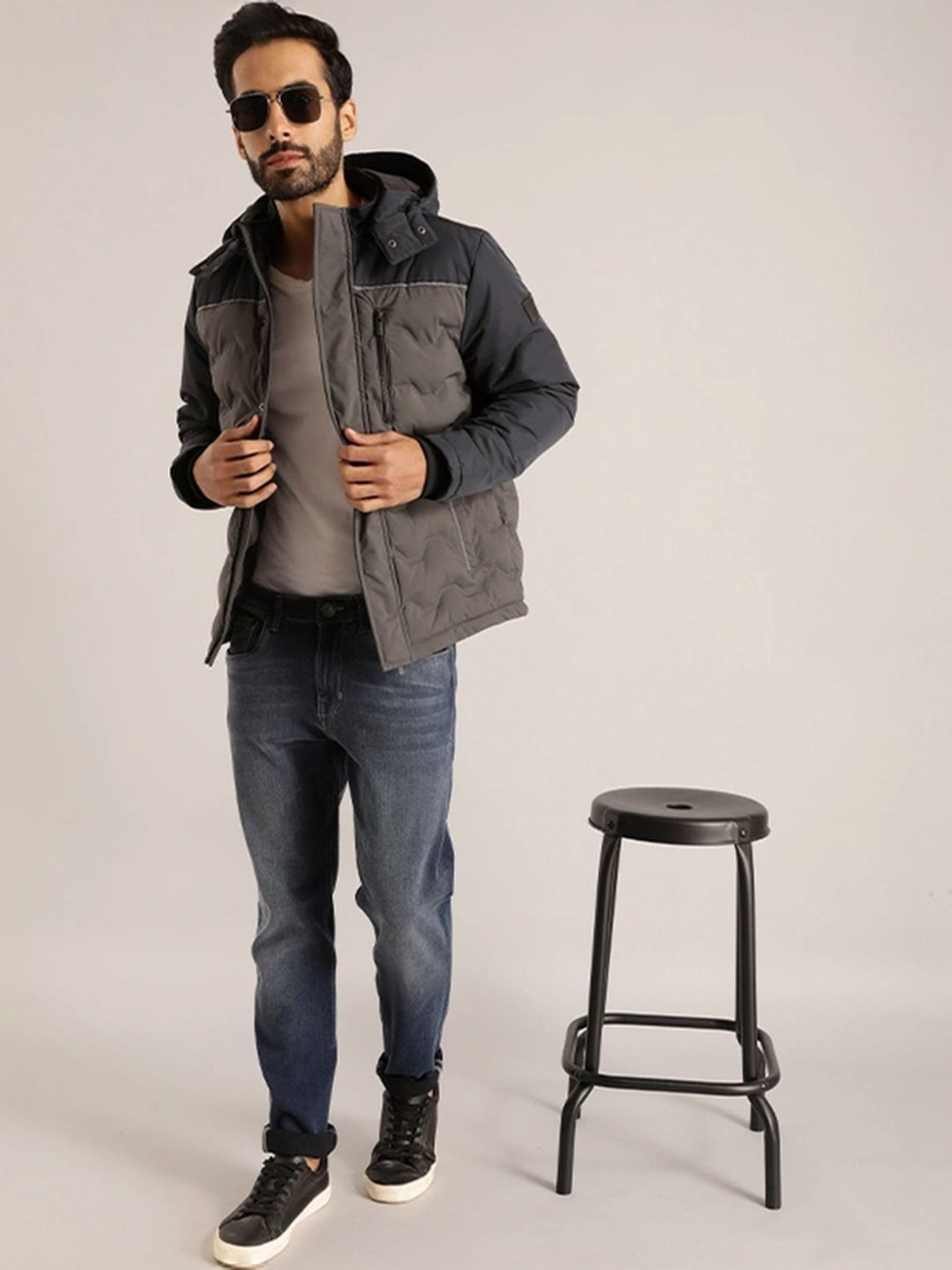 Indian Terrain Grey Regular Fit Colour Block Quilted Jacket
