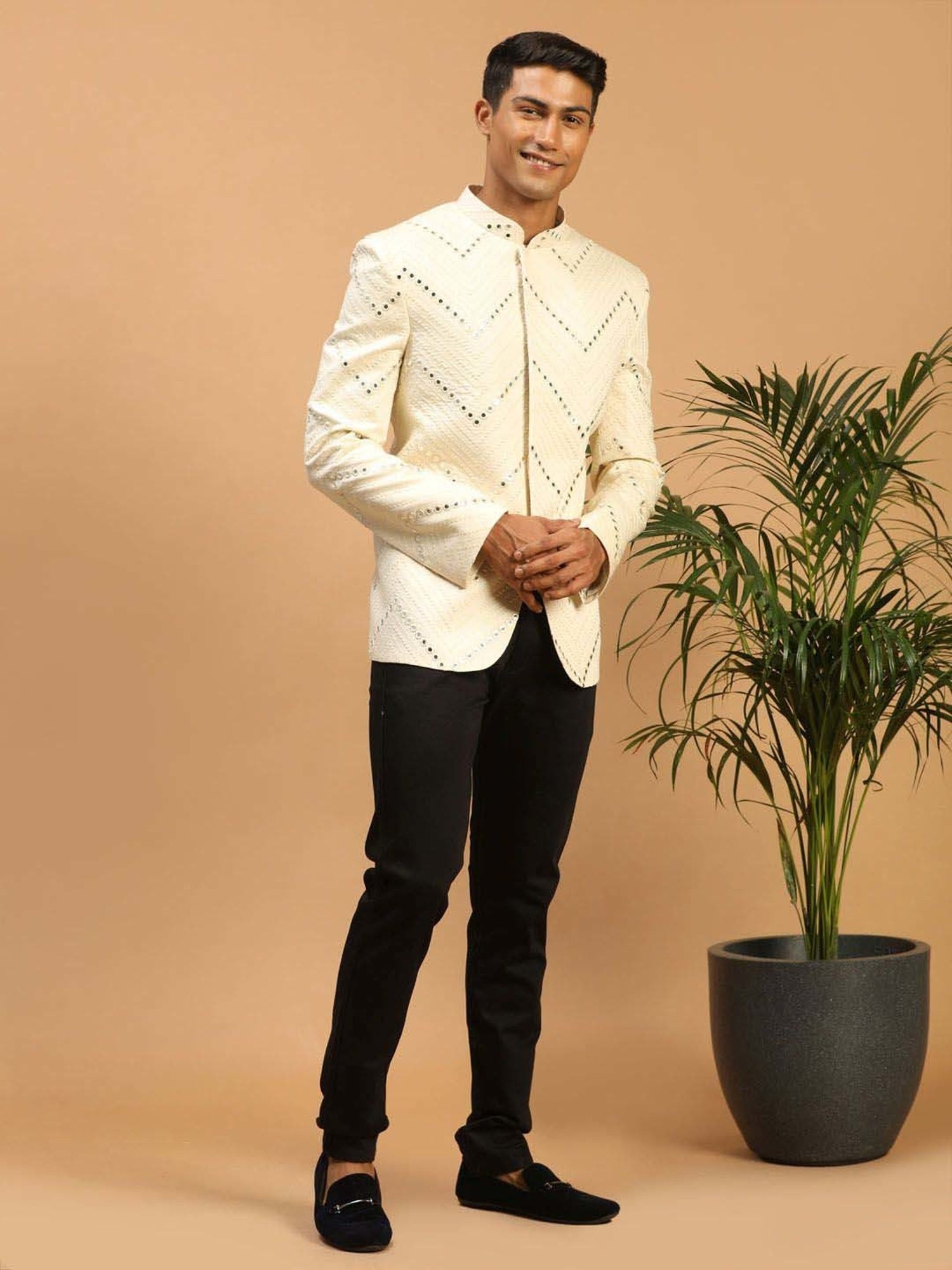 Vastramay Cream Regular Fit Embellished Ethnic Blazer