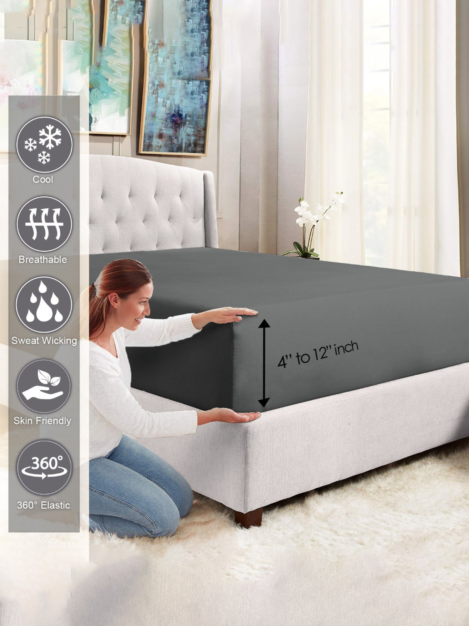 Pizuna Dark Grey 400 TC Cotton King Fitted Bed Sheet with 2 Pillow Covers