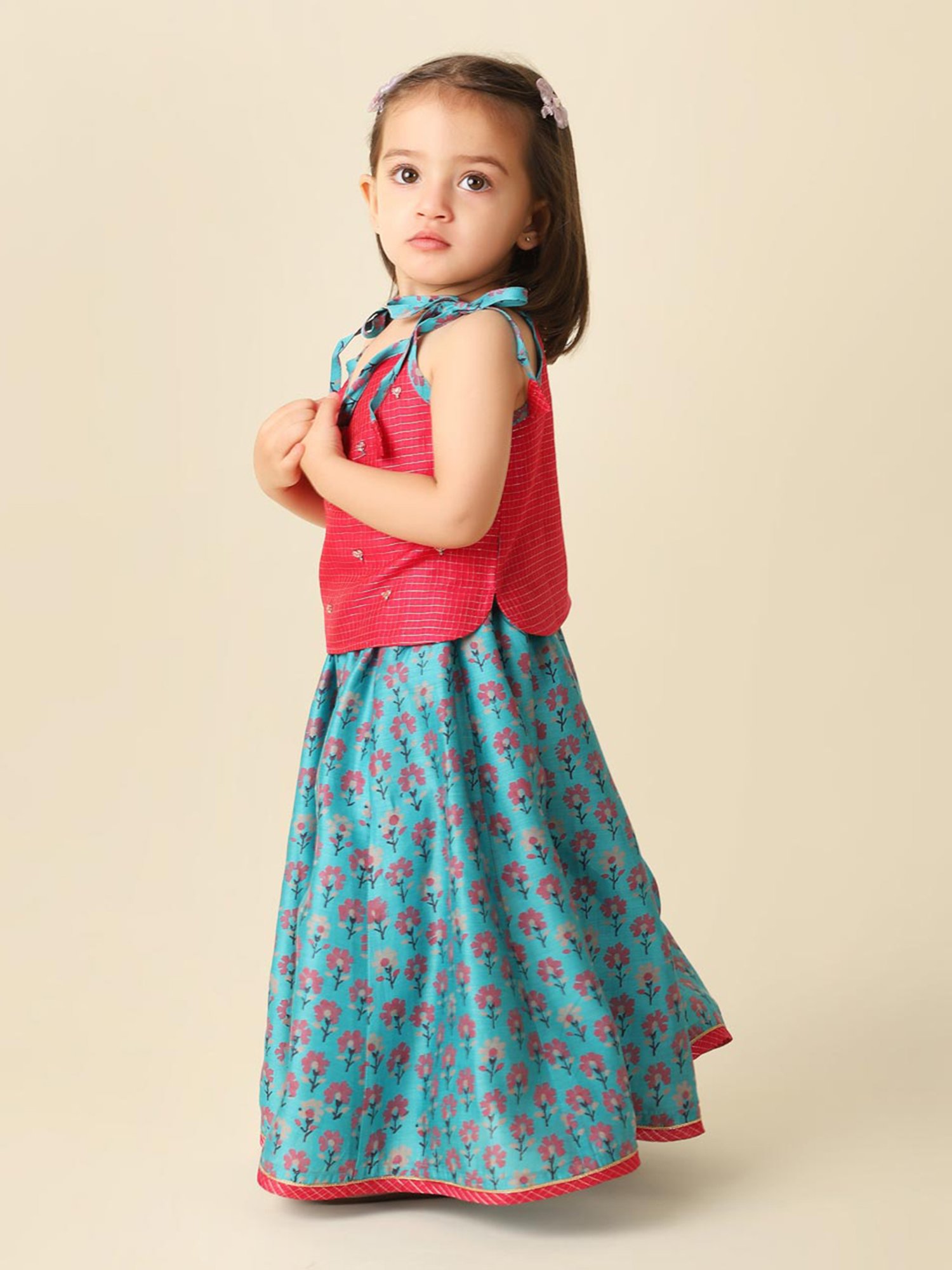 Fabindia Kids Red & Turquoise Floral Print Lehenga with Choli