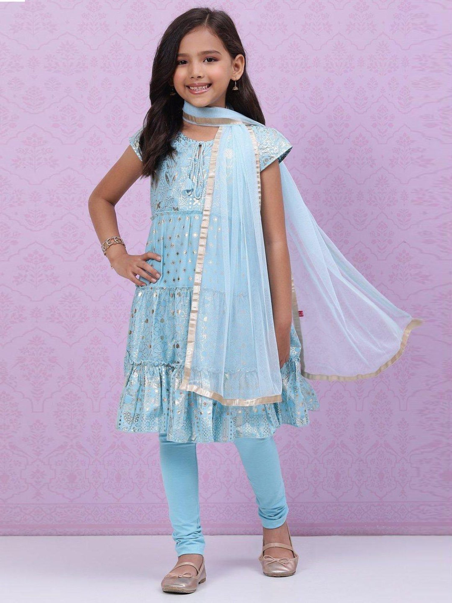 BIBA Girls Blue Cotton Printed Kurta Set