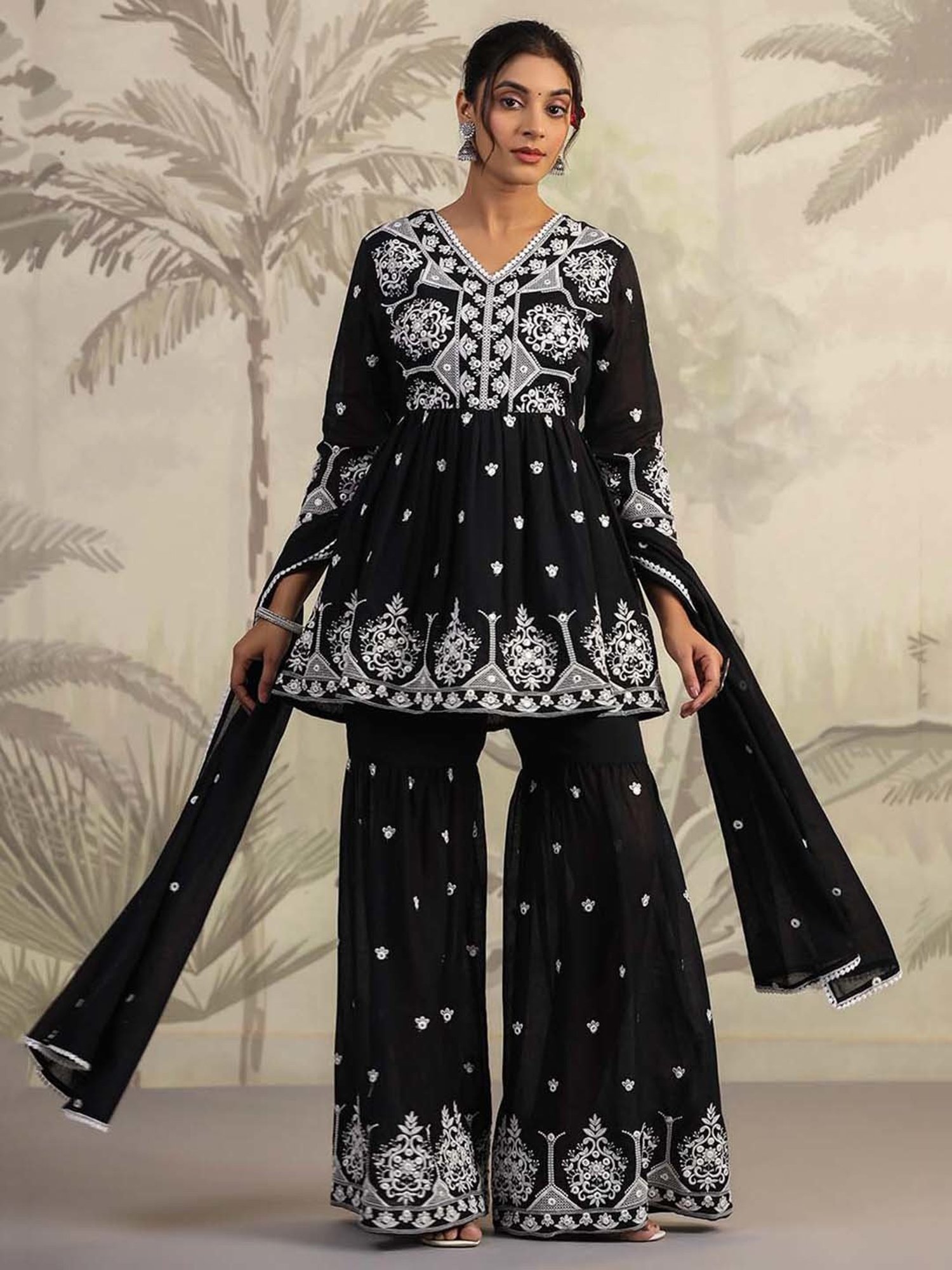 SCAKHI Intense Black Cotton Embroidered Kurti Sharara Set With Dupatta