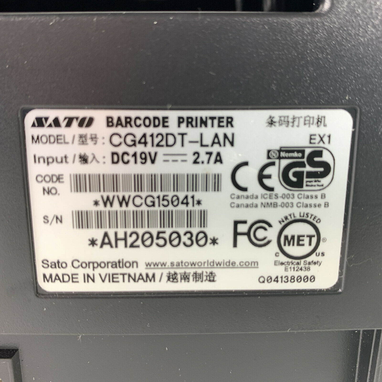 Small Portable Shipping Thermal Transfer Label Printer 4x6 SATO CG412DT LAN 300 dpi WWCG15041 with AC Adapter
