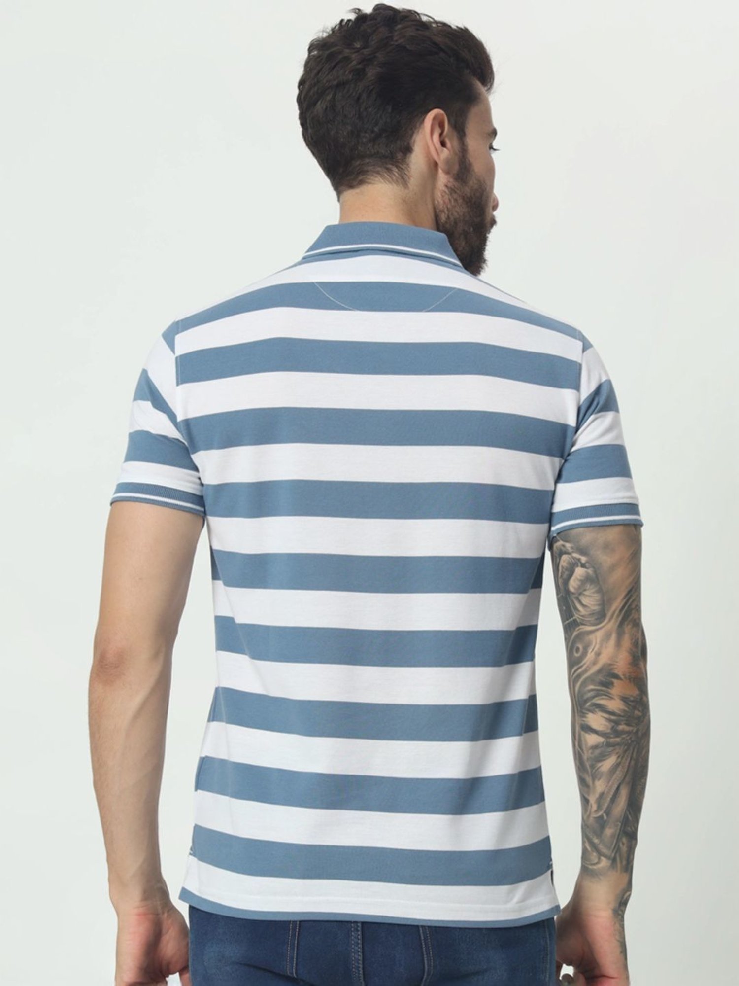 Tab91 Blue Regular Fit Striped Polo T-Shirts