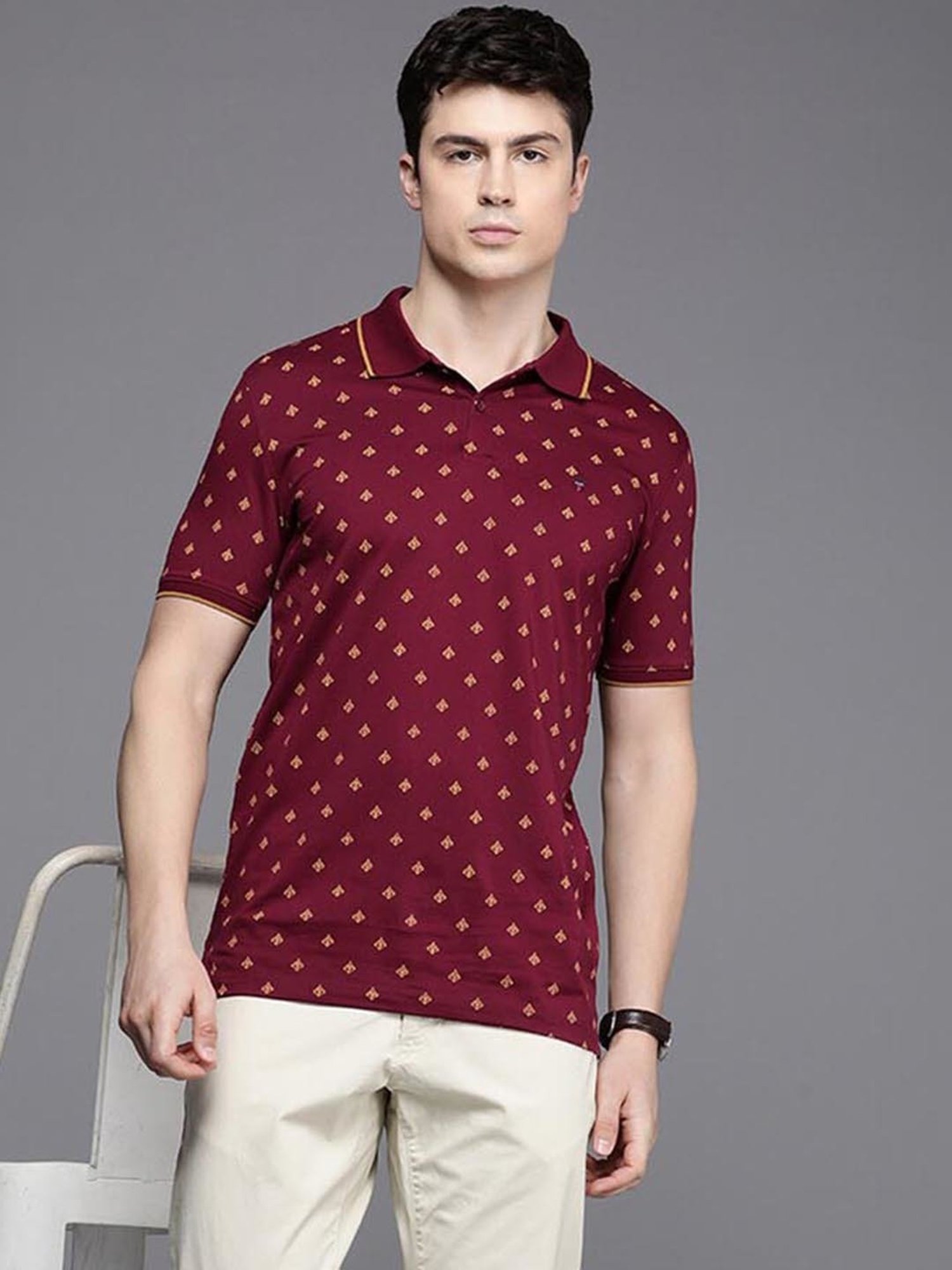 Louis Philippe Sport Maroon Cotton Slim Fit Printed Polo T-Shirt