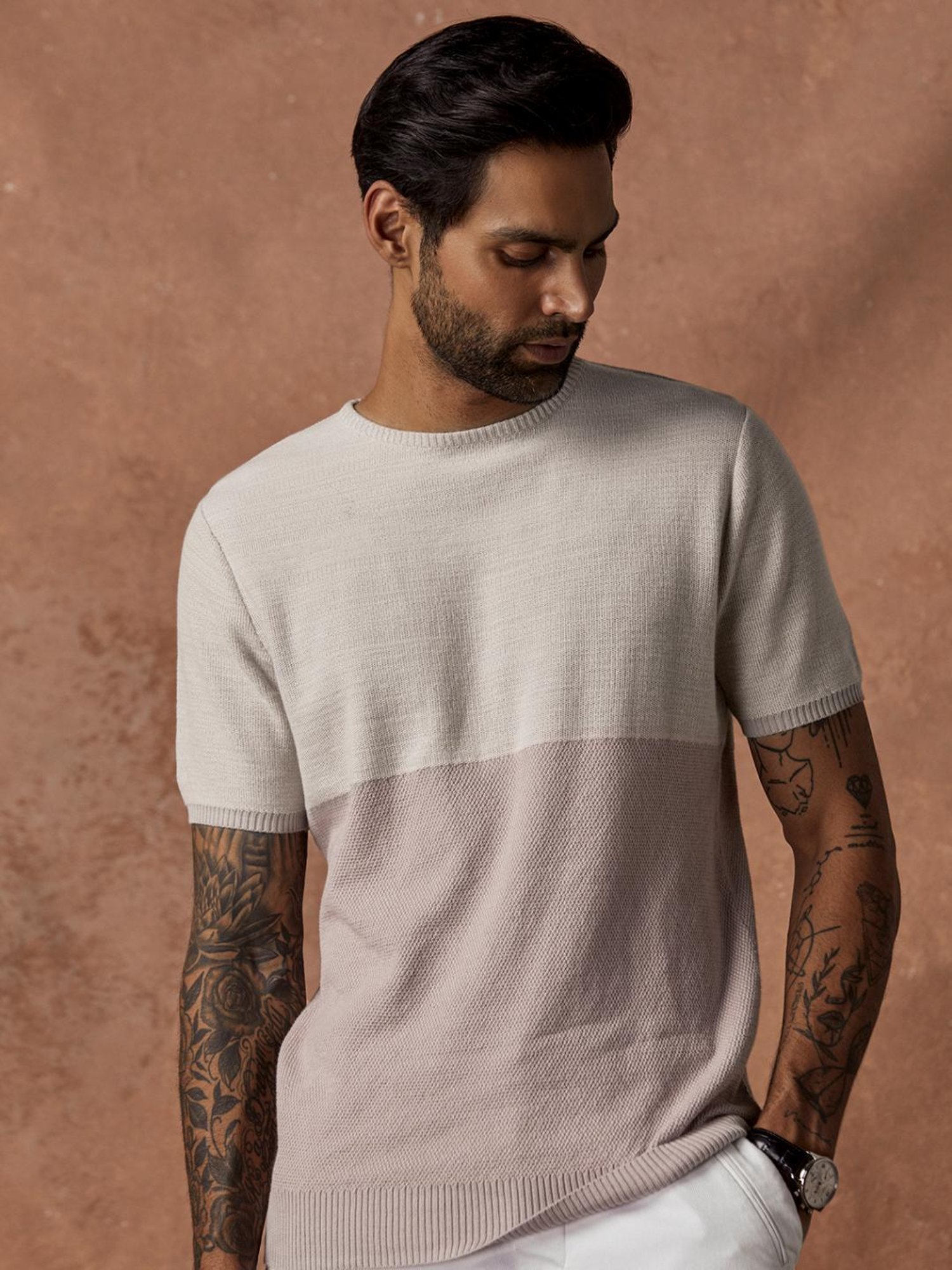 Andamen Grey Cotton Regular Fit Colour Block T-Shirt