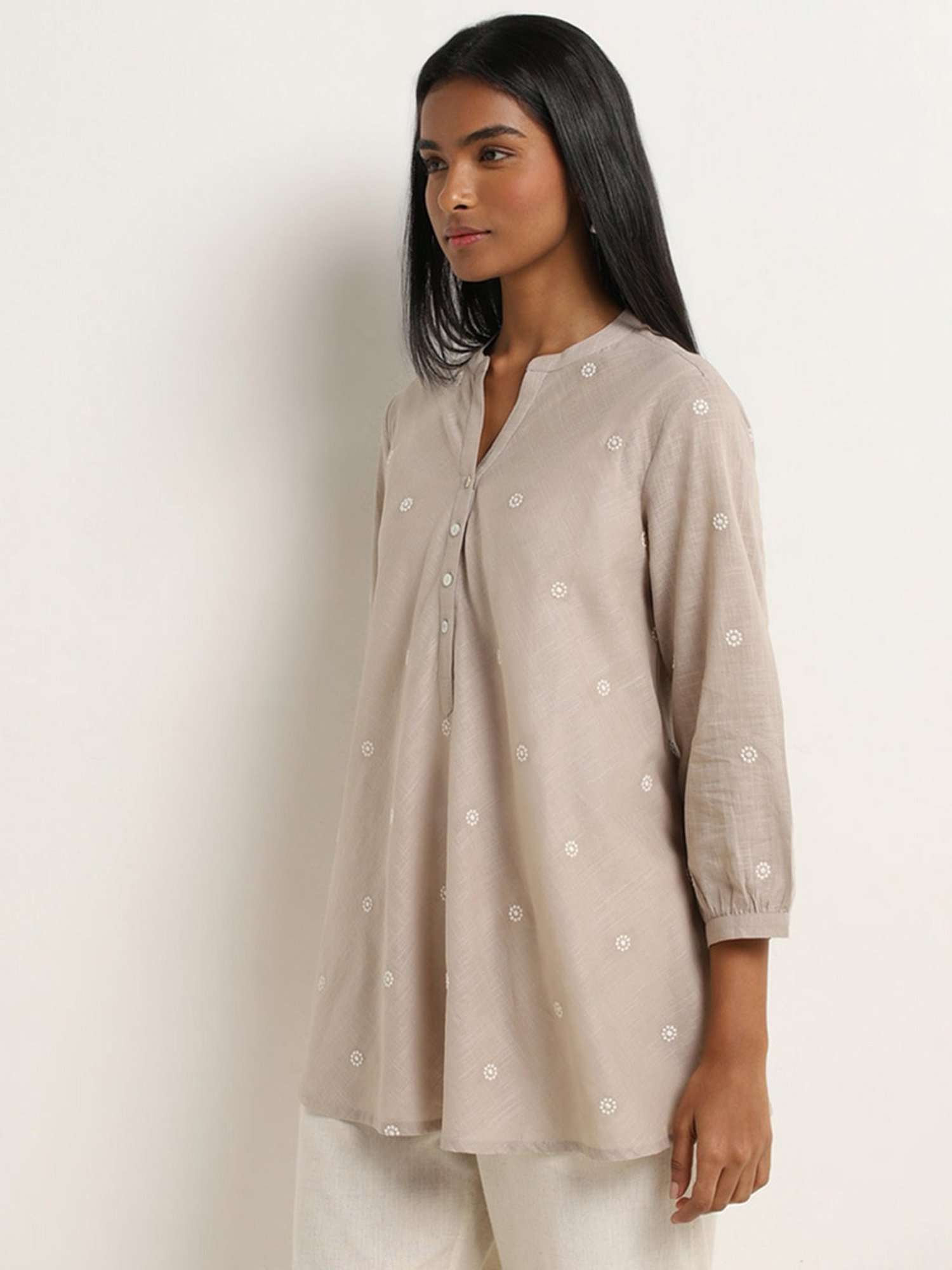 Utsa by Westside Taupe Embroidered A-Line Cotton Kurti