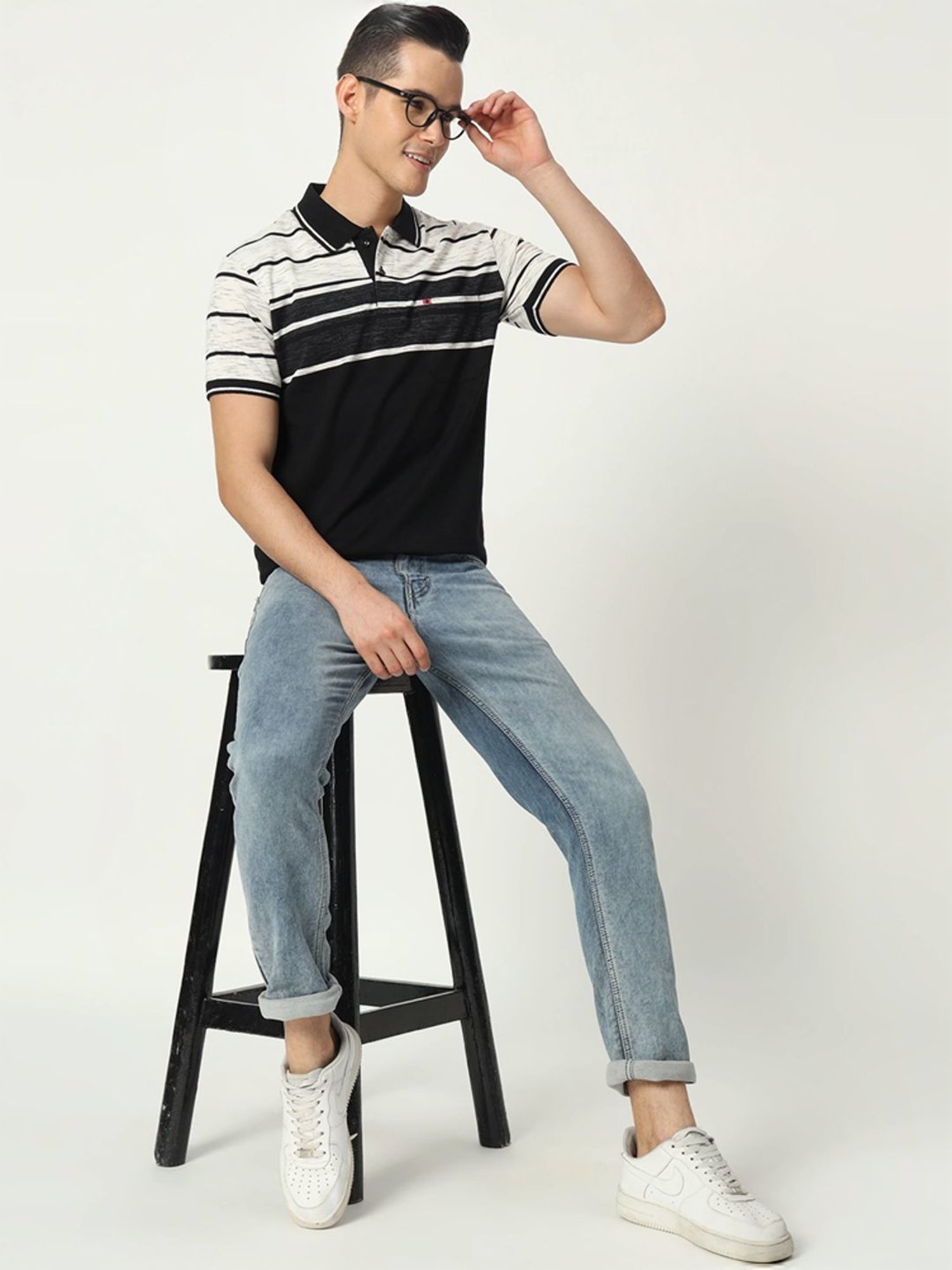 Tab91 White Regular Fit Striped Polo T-Shirts