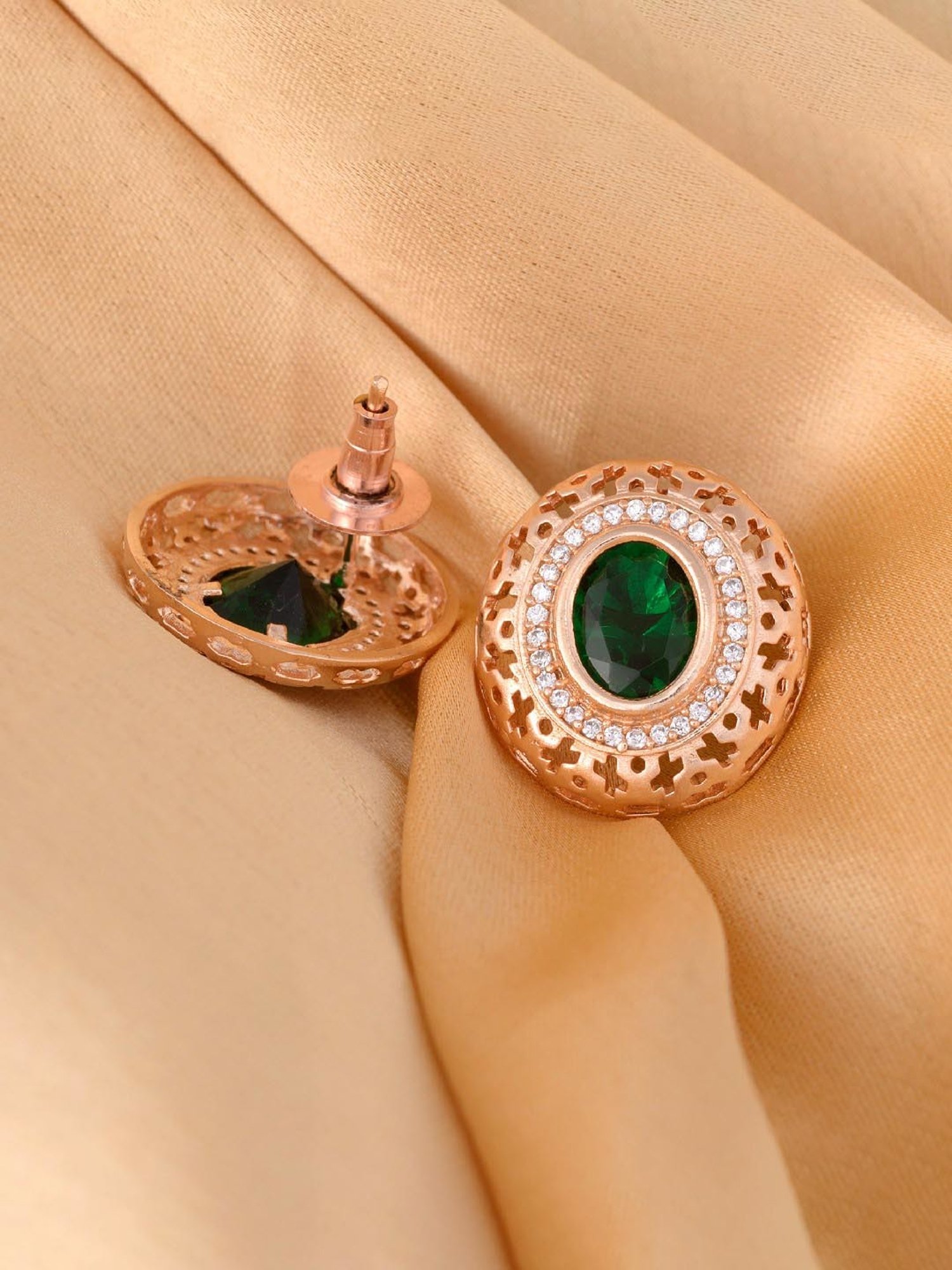 Saraf RS Jewellery Studs Rose gold AD tops Green small earrings