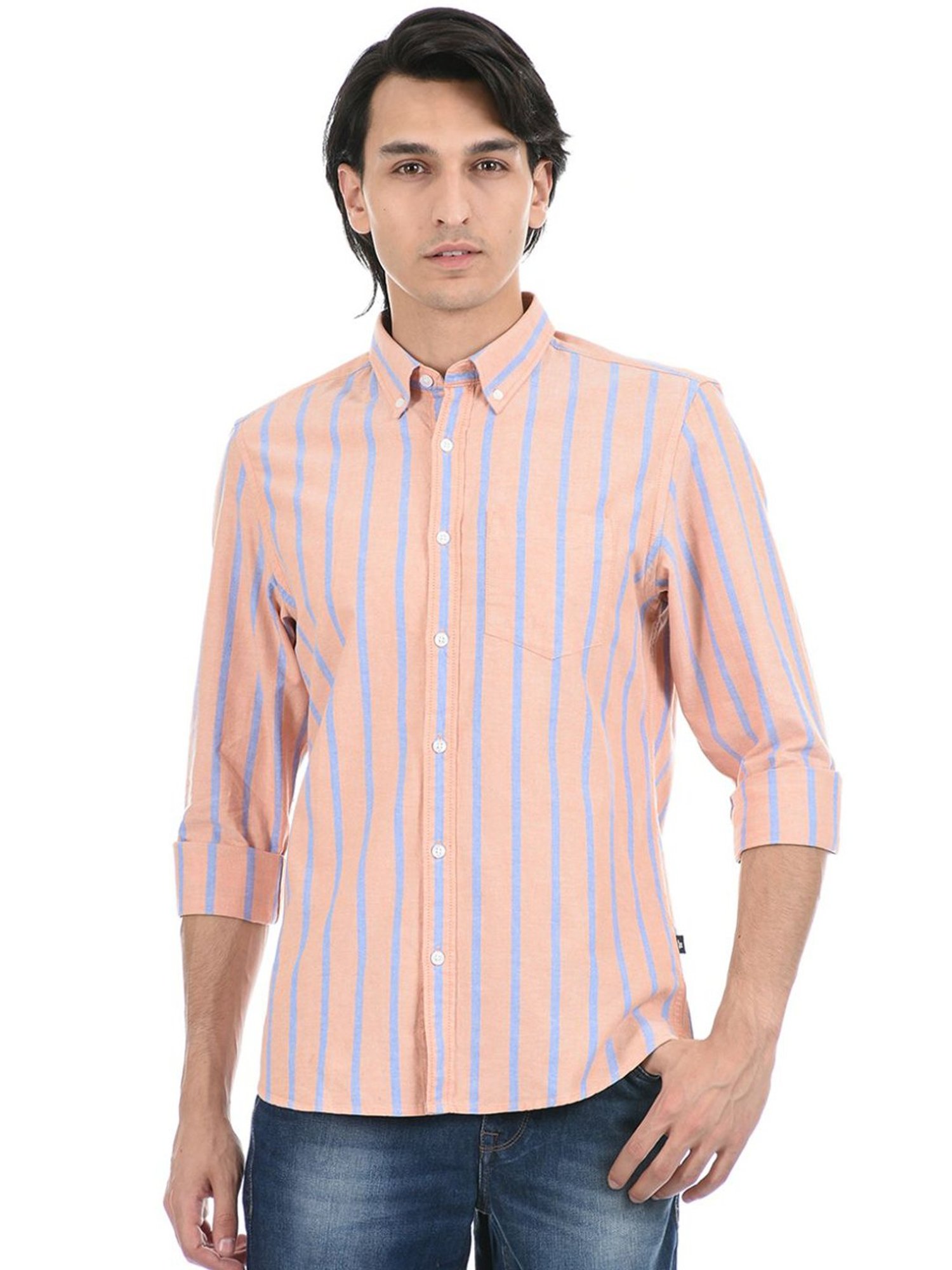 London Fog Orange Regular Fit Striped Shirt