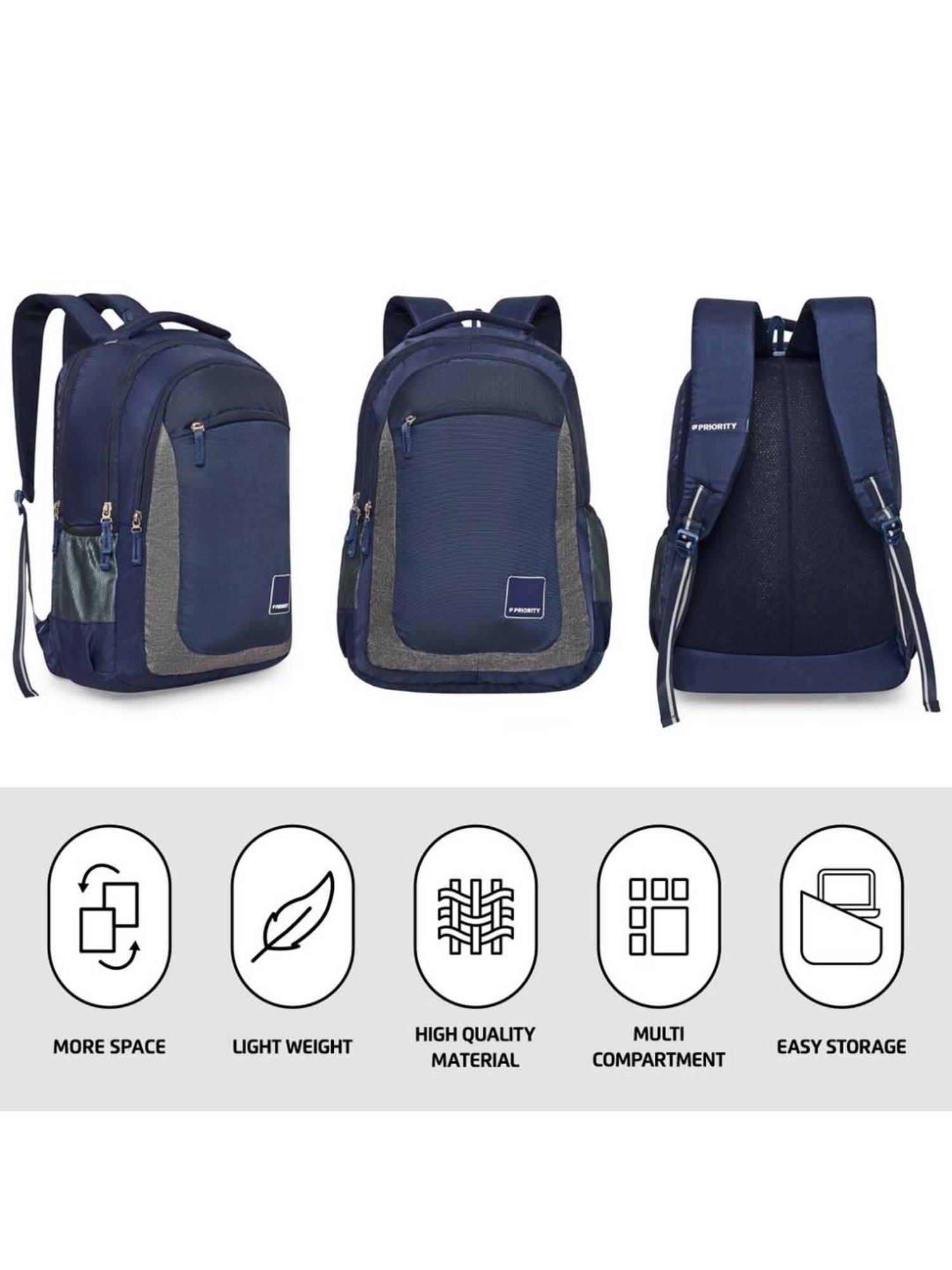 Priority Genius Navy Blue & Grey Polyester Solid Backpack - 29.44 Ltrs