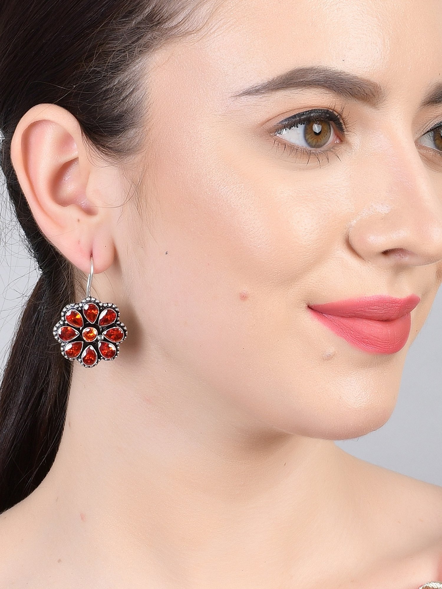 Imli Street Orange Silver Tone Stone-Studded Handcrafted Drop Earrings