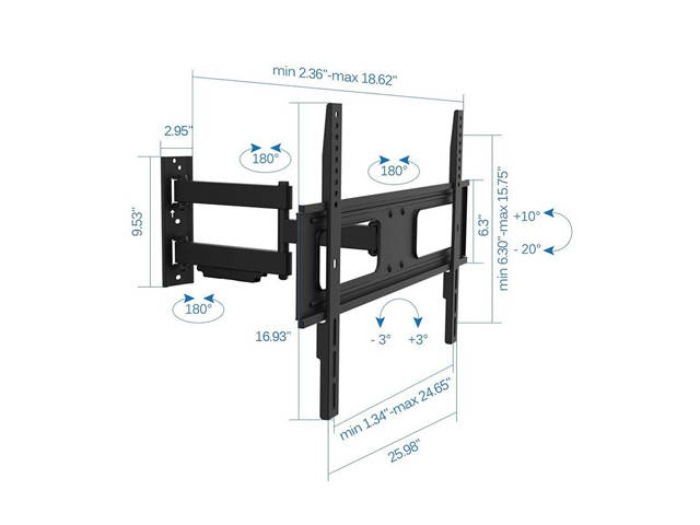 ProHT by Inland 05412 37" - 70" Full Motion TV Wall-Mount Bracket Designed to Fit Flat-panel Plasma and LED, LCD TV, Up to VESA 600x400mm, Max Load 77 lbs., with 6 ft. HDMI Cable and Bubble Level