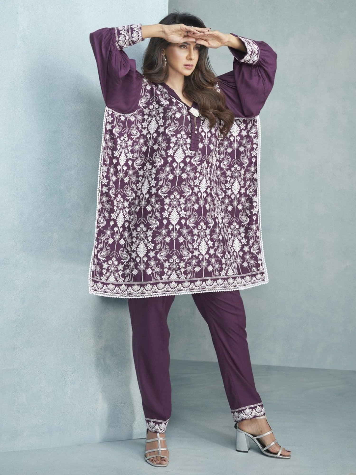 Autumnlane Violet Iris Jam Embroidered Tunic with Pant Co-ord Set Set