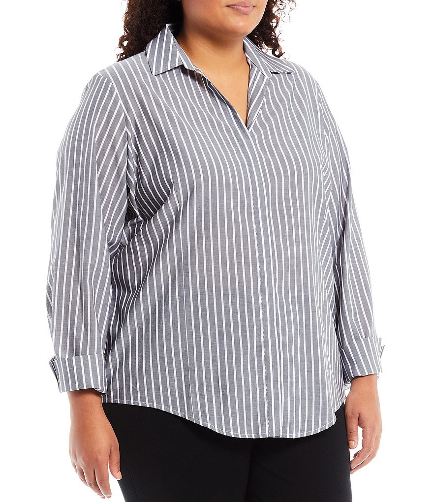 Ming Wang Plus Size Contrast Stripe Classic Button-Up Point Collar Long Sleeve Cotton Shirt