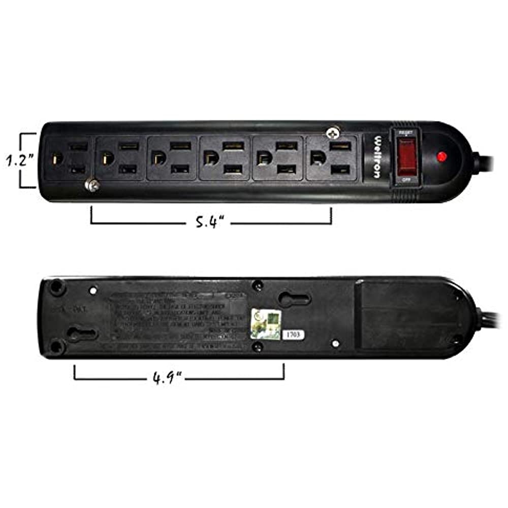 THIS 6 OUTLET PLASTIC POWER STRIP HAS 750 JOULES, EMI/RFI FILTER AND A 25FT POWE