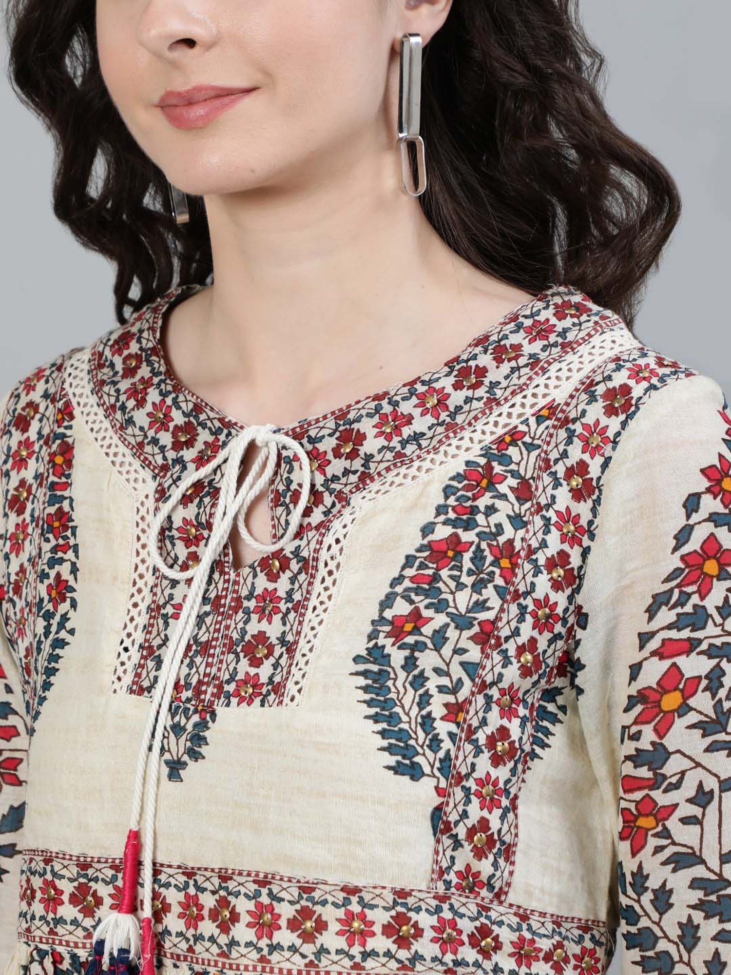 Ishin Beige Pure Cotton Embellished Top