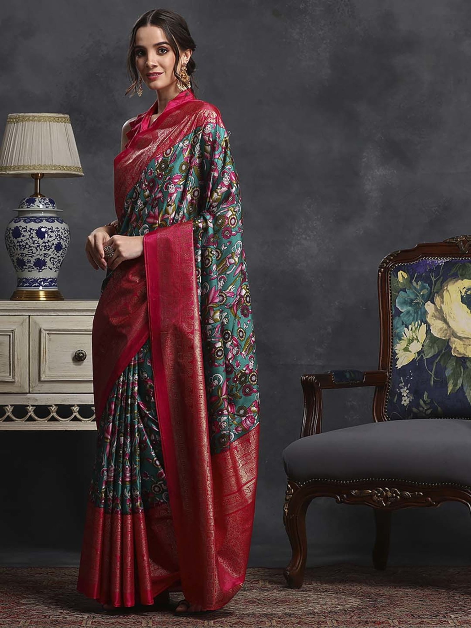 Saree Mall Blue & Pink Silk Printed Saree With Unstitched Blouse