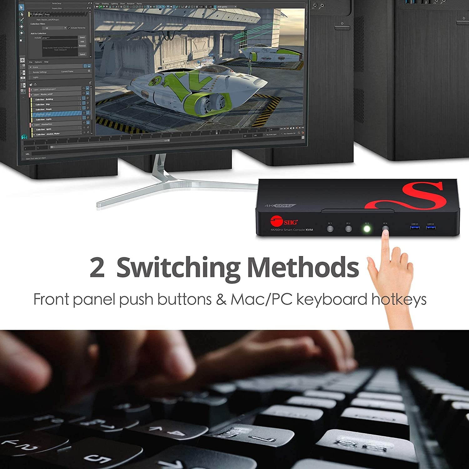 SIIG 4K DisplayPort 4-Port KVM Switch with Audio and Microphone, DP 1.2 4K60, USB 3.0 x4, USB 2.0 x2, Cables Included, Hotkey Control, TAA Compliant, ESD Protection, Metal housing (CE-DP0G11-S1)