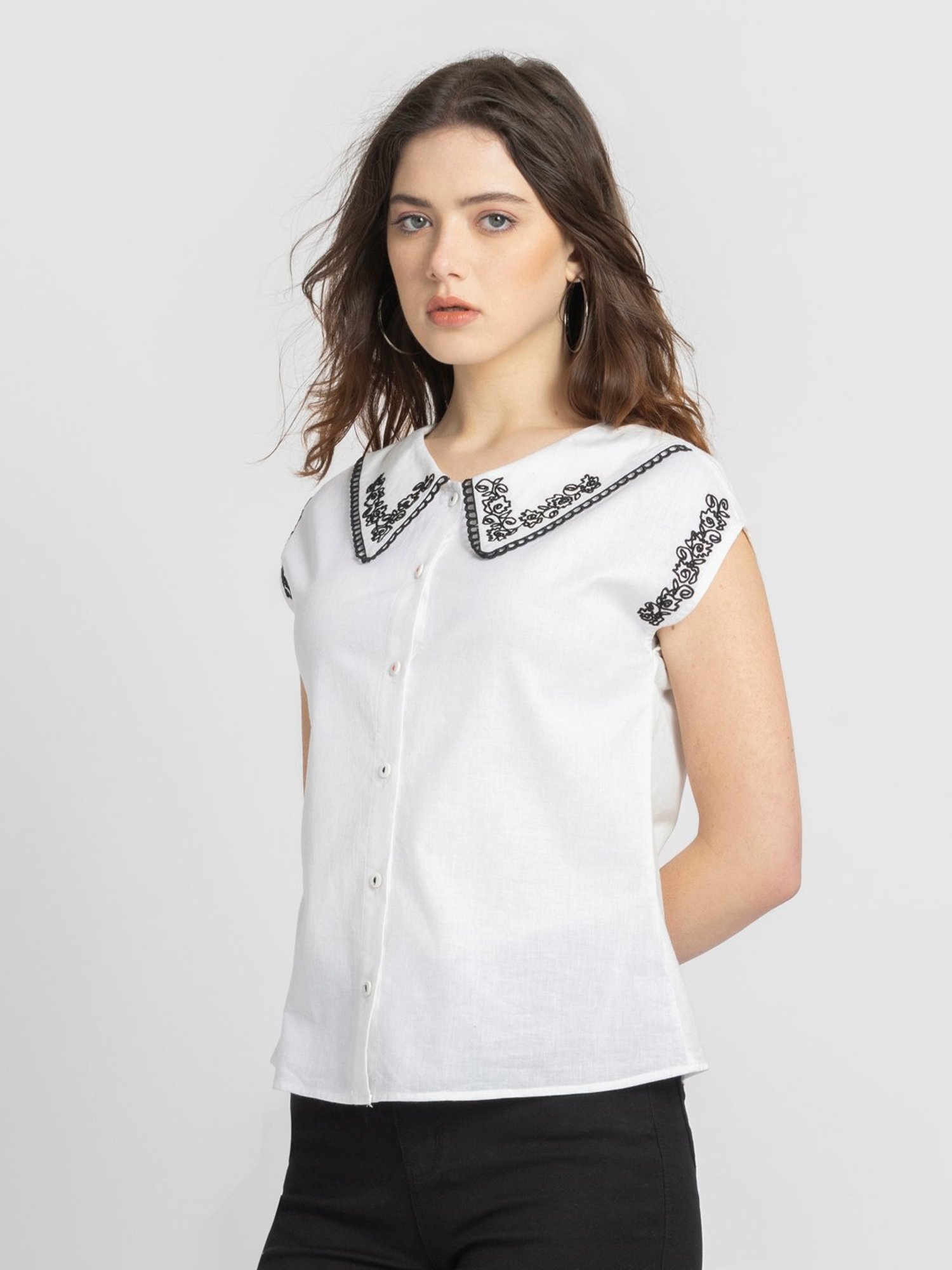SHAYE White & Black Cotton Embroidered Top