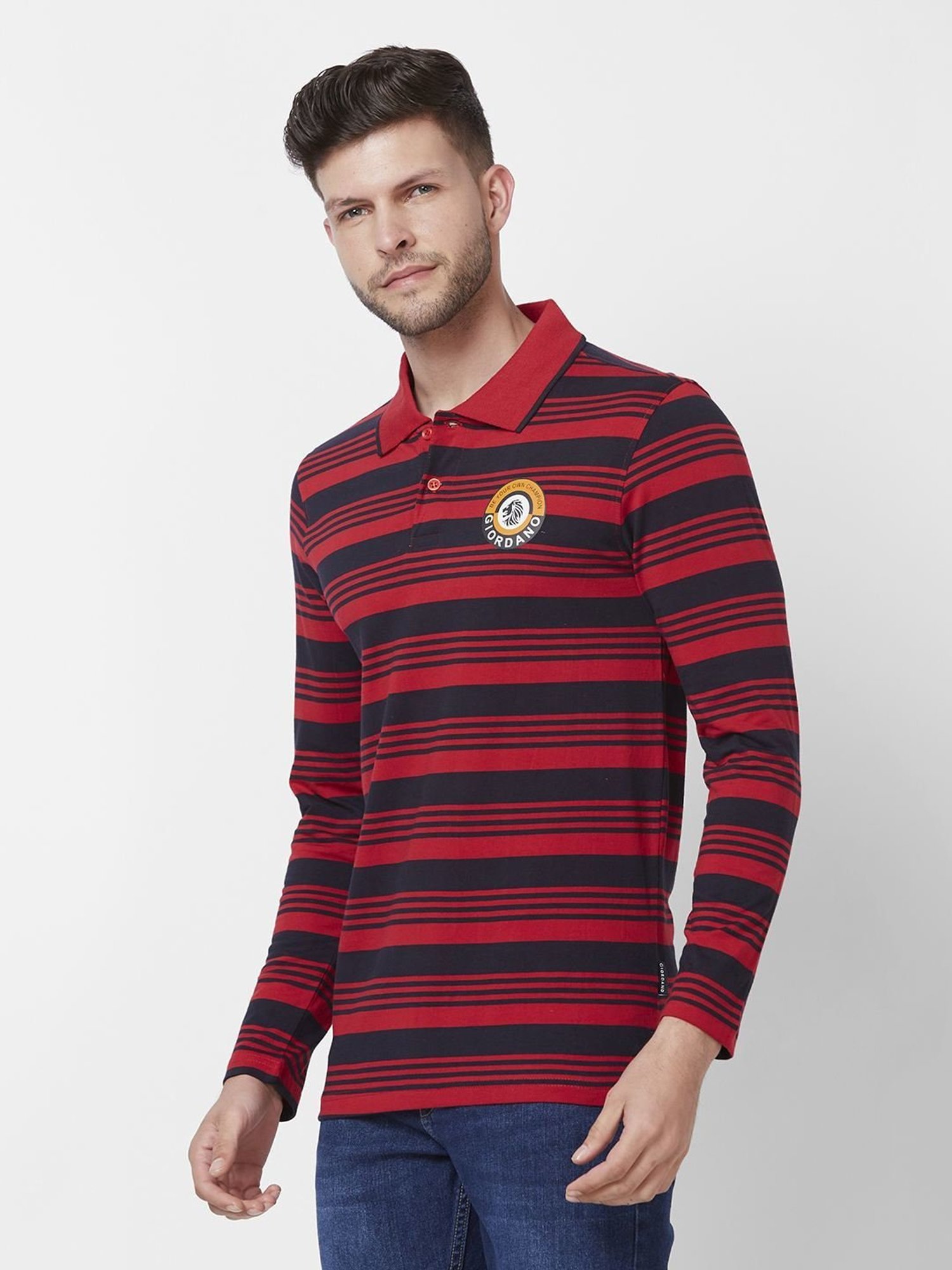 Giordano Red Cotton Slim Fit Striped Polo T-Shirt
