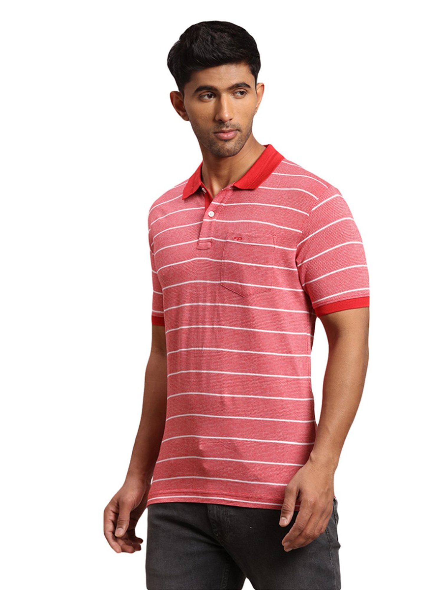Colorplus Red Cotton Tailored Fit Striped Polo T-Shirt