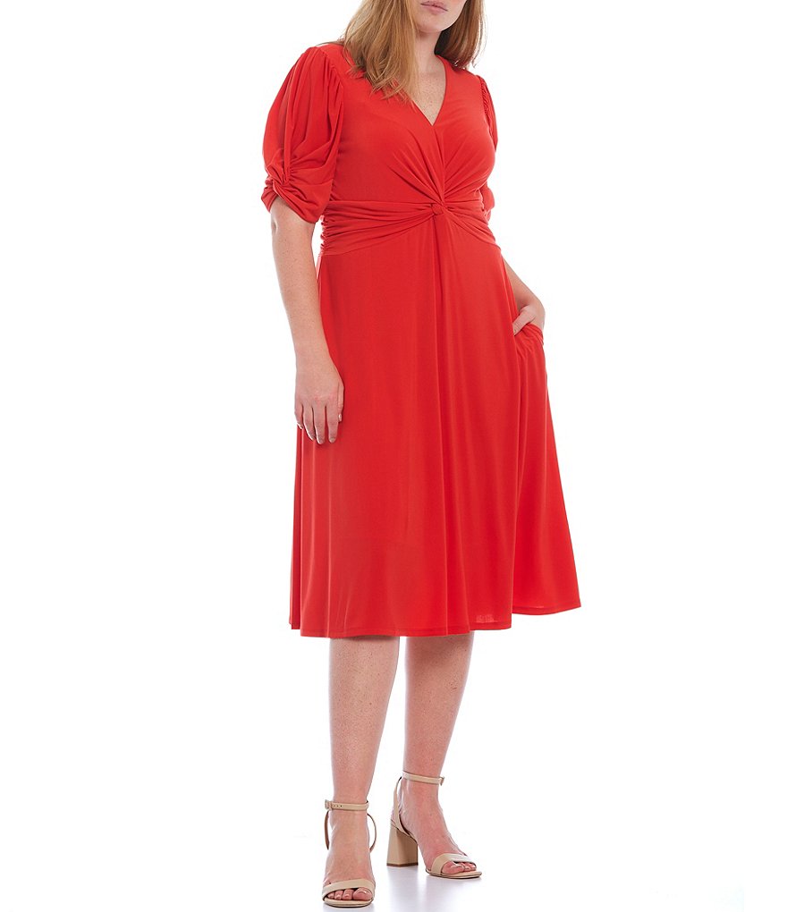 Jessica Howard Plus Size V-Neck Short Sleeve Knot Front Ruched Midi Dress
